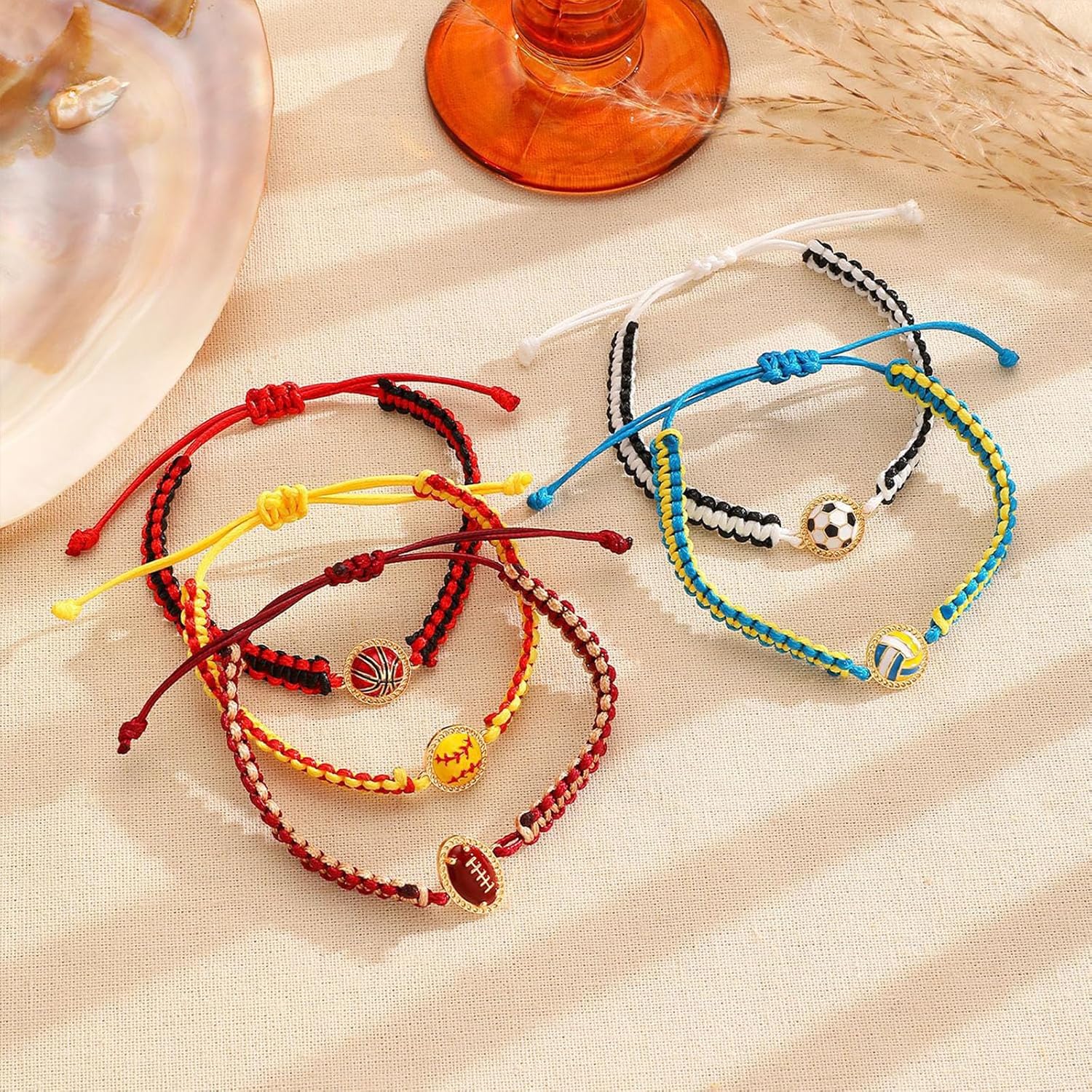 5Pcs Sports Ball Braided Bracelet Set for Women Adjustable Soccer Football Basketball Volleyball Baseball Bracelets Game Day Jewelry for Sports Fans