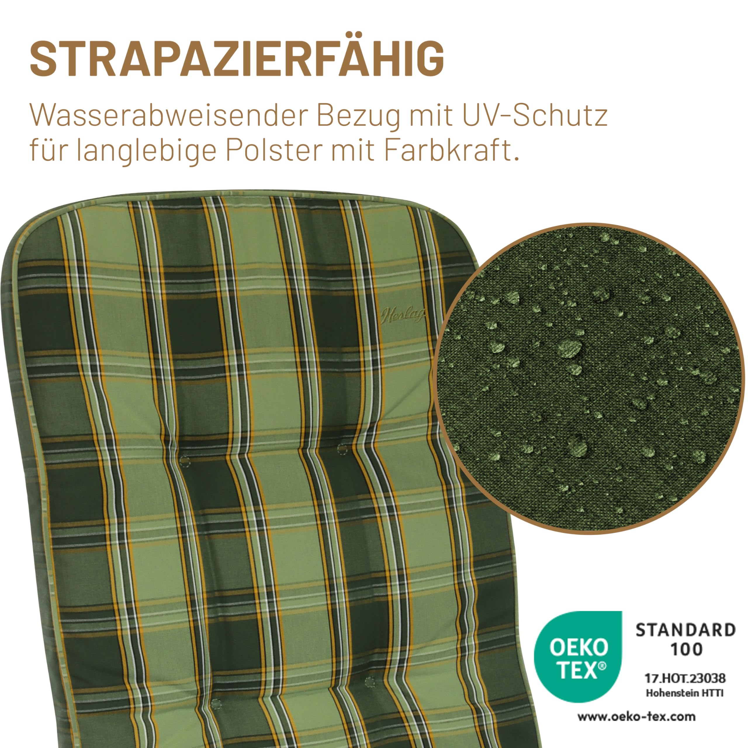 Herlag Liegenauflage Tilly 200x65x9cm - Liegestuhl-Auflage Karo-Motiv 9cm - Liegepolster für Gartenliege - Gartenmöbelauflage Liege Deluxe-Serie - Atmungsaktiv - Öko Tex 100 - Grün-Kariert