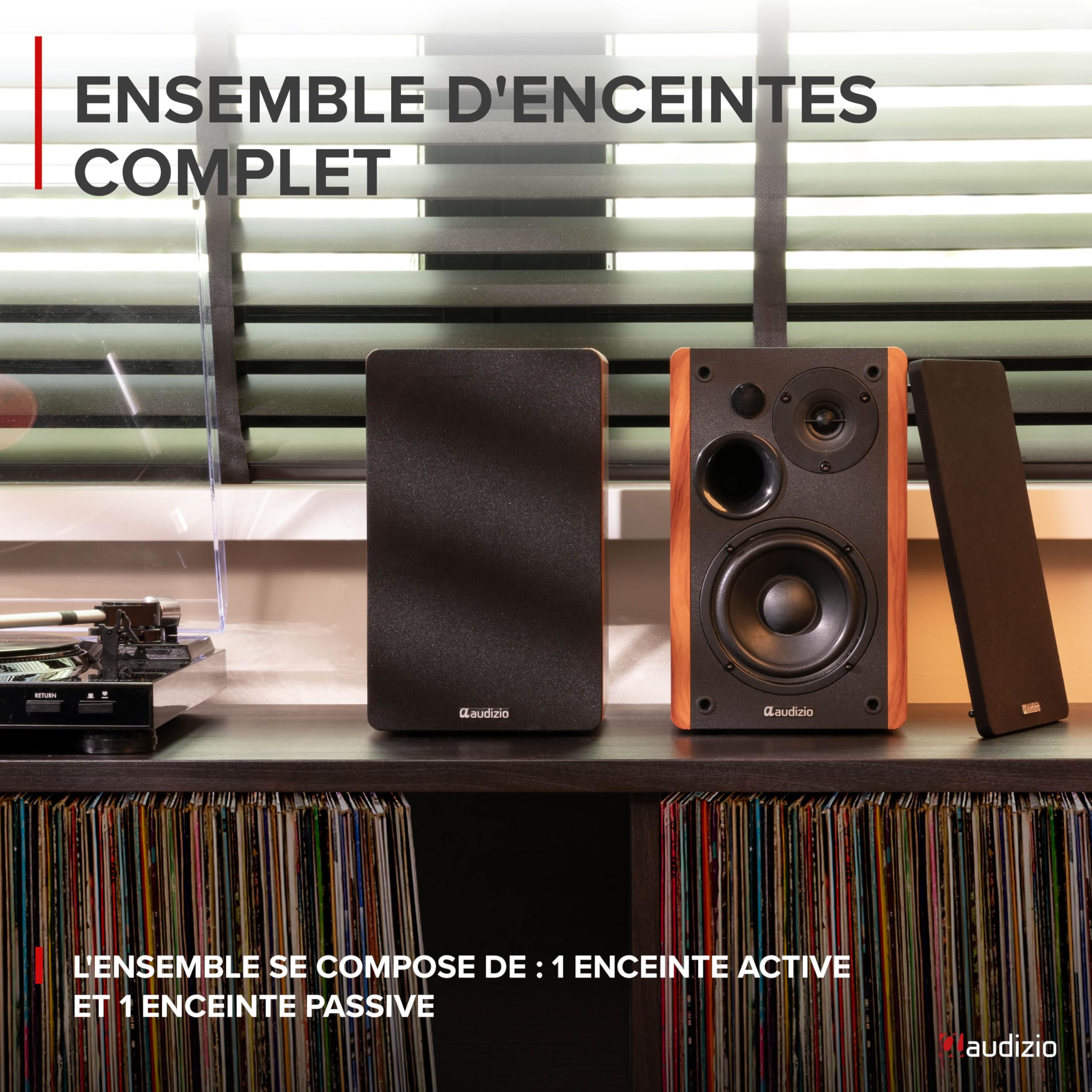 Audizio KS01 Enceintes Hi-FI Bibliothèque Actives 80W avec BT 5.0, Woofer 4" et Tweeter 1,25", Réglages Graves et Aigus, DSP avec Préréglages, Finition Bois Élégante