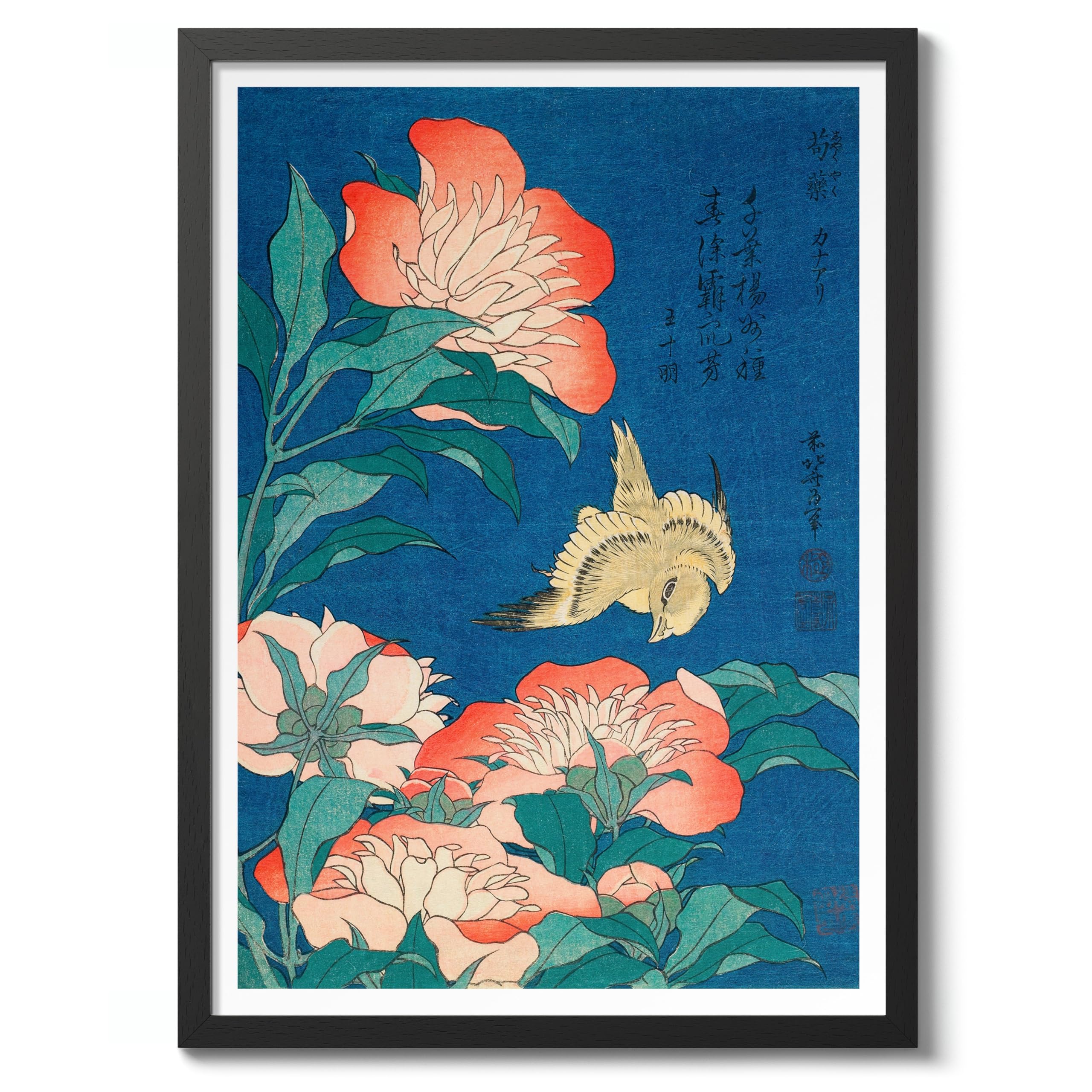 Peonies And Canary Katsushika Hokusai Poster, Japanese Woodblock Ukiyo-E Print, Vintage Art Picture Painting Wall Art Exhibition, Archival Matte, A3 (Black Frame) - 42x29.7cm