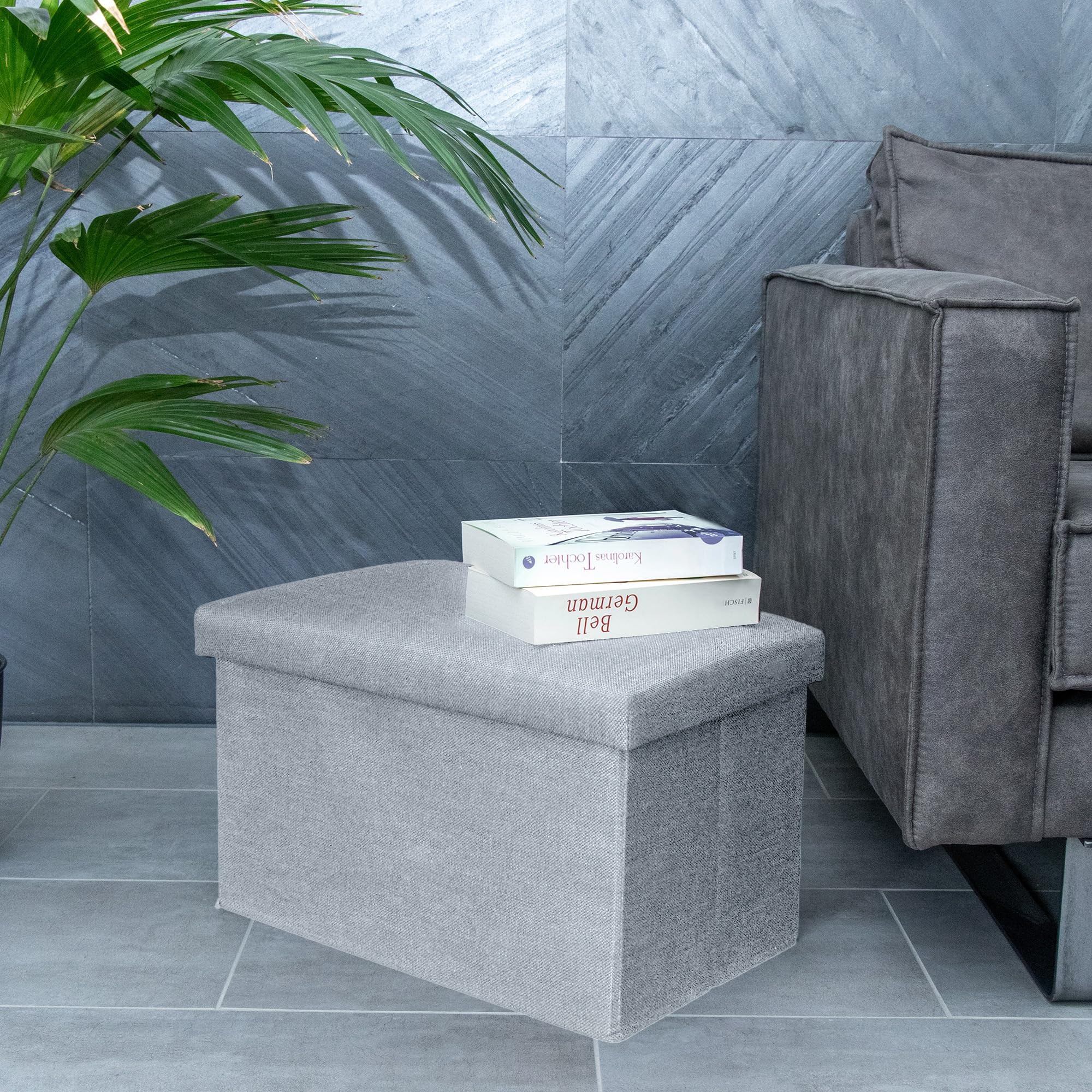 INTIRILIFE Banco Plegable 49x30x30cm en Gris - Asiento Cubo de Tela con Espacio de Almacenamiento y Tapa en Aspecto de Lino - Asiento Cubo reposapiés Plegable Caja de Almacenamiento arcón Taburete