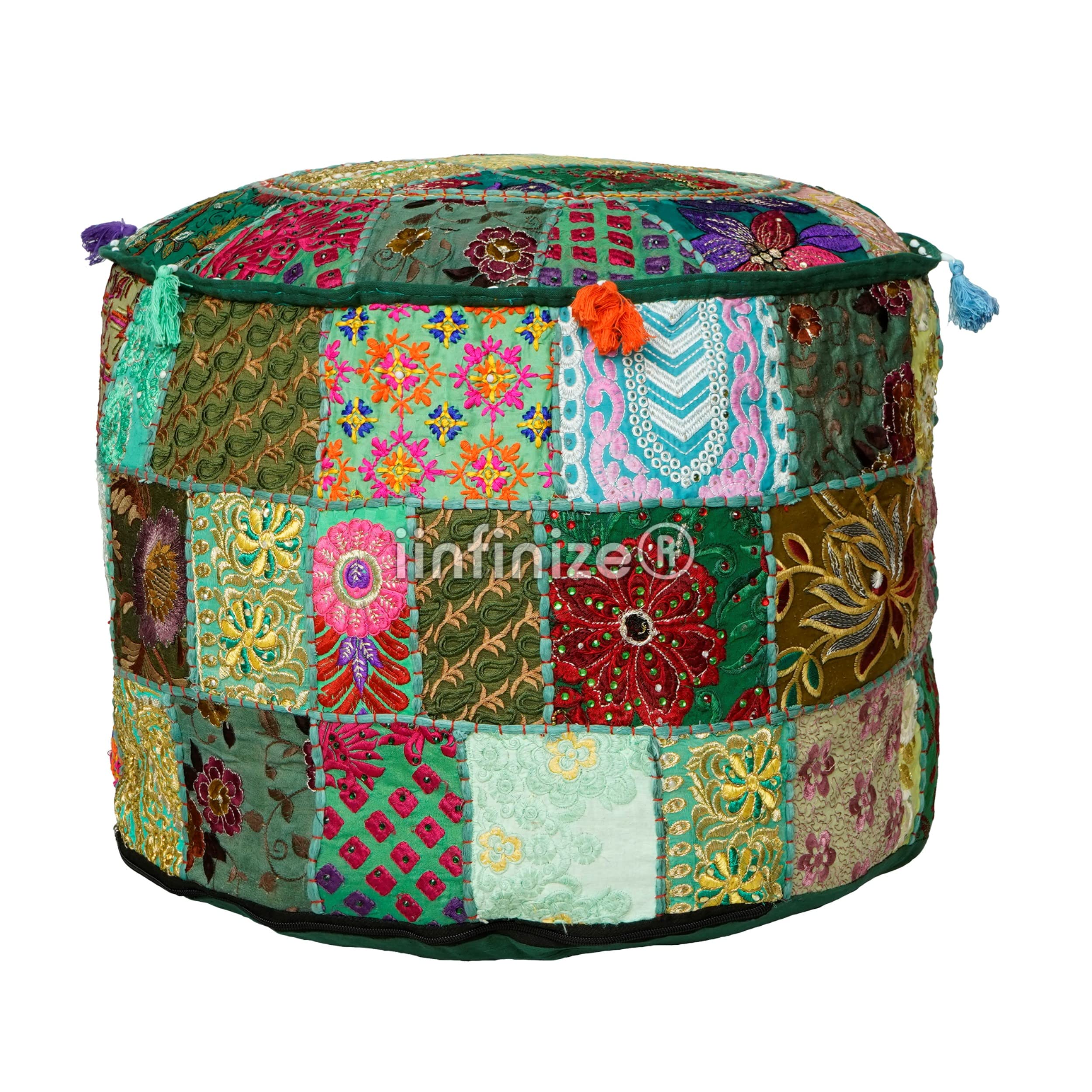 Ottoman Pouffe Cover 18 Inch Round Mudda Stool Cover Patchwork Khambadiya Design Pouffe Cotton Footrest Sitting Pouffe Cover Vintage Boho Bean Bag Pouffe Case-image-46