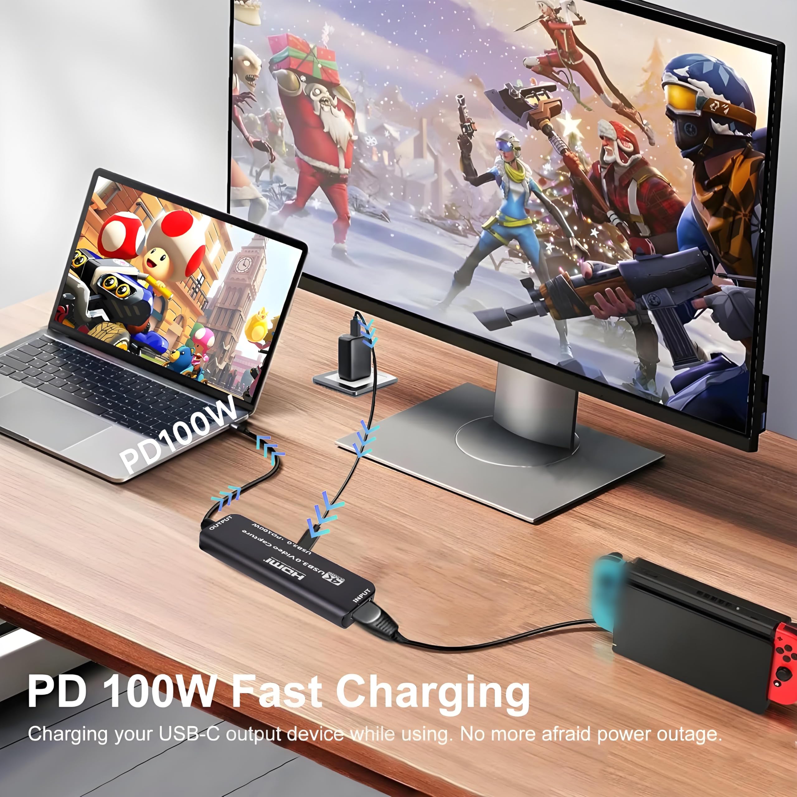 Scheda di acquisizione video, scheda di acquisizione HDMI a USB-C/A con PD100W e porta USB, registrazione di gioco in streaming 4K 1080P per registratore video di gioco,compatibile Switch,PS4/5,X box