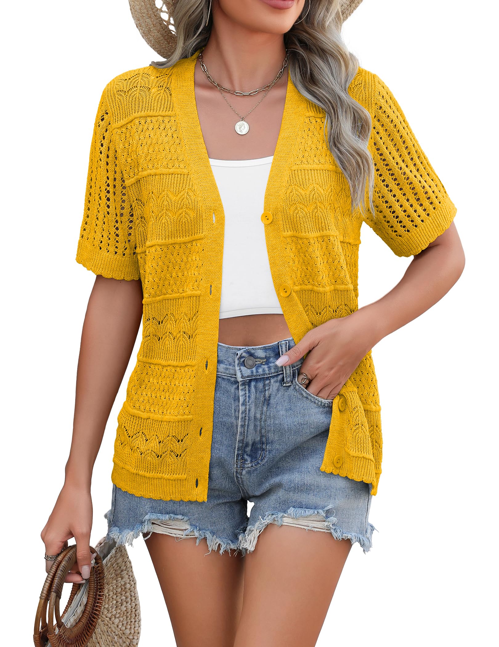 Zeagoo Women's 2026 Summer Short Sleeve Crochet Cardigan V Neck Cropped Lightweight Button up Bolero Shrug Sweater