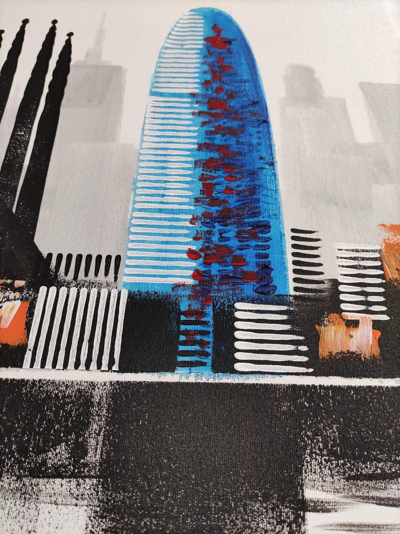 Cuadro Pintado Ciudad de Barcelona 100x50 cm, Moderno, en Blanco y Negro y Detalles en Naranja y Azul. 100% Original, sobre Lienzo. Listo para Colgar