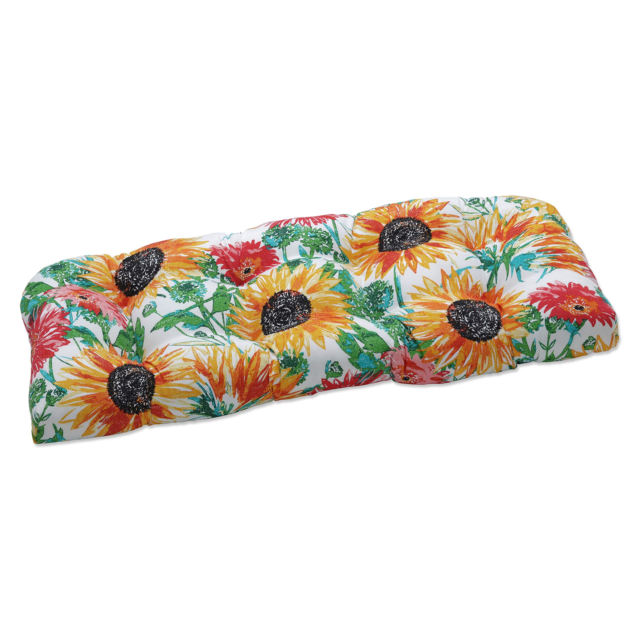 Pillow Perfect Bright Floral Indoor/Outdoor Sofa Setee Swing Cushion, Tufted, Weather, and Fade Resistant, 19" x 44", Yellow/Green Sunflowers, 1 Count