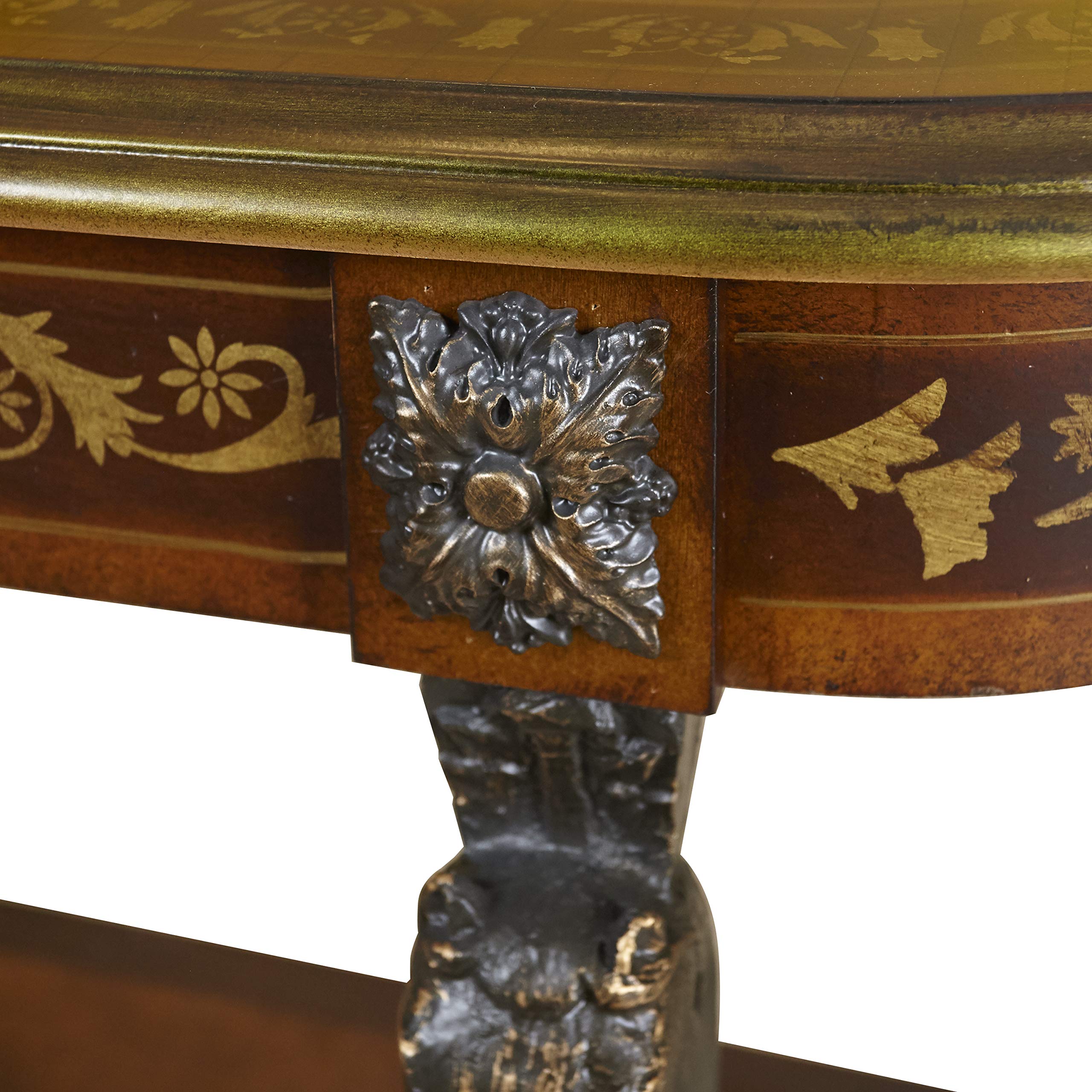 Powell Masterpiece Floral Demilune Console Table with Horse Head and Hoofed-Foot Cast Legs and Display Shelf