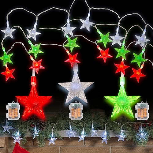 Miniatura 6 de Guirnalda de luces de estrella de Navidad de 10 pies, juego de 3 (rojo, verde y transparente), 60 luces LED con 9 modos (parpadeante, constante,