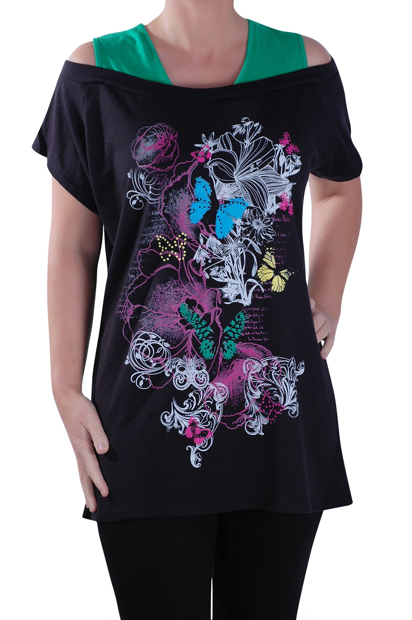 Eye Catch Plus - Ladies Tunic Graphic Butterfly Twinset Insert Vest Womens Longline Print Top JadeGreen Size 14/16