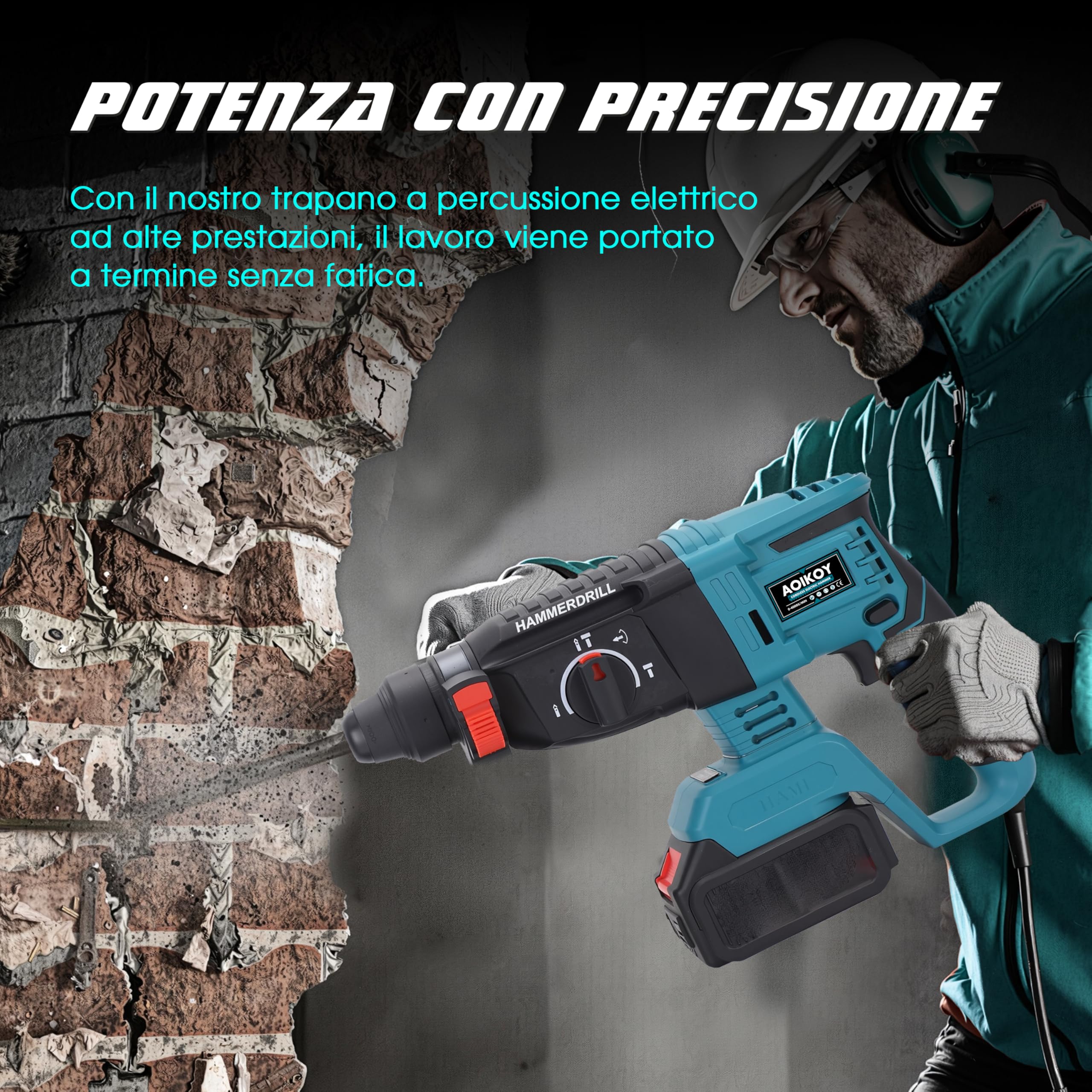 Martello Demolitore Senza Fili 21V, Tassellatore a Batteria con Motore Senza Spazzole, 3 Modalità, Fino a 32 mm, Velocità di 4000 BPM, Impugnatura Regolabile a 360° e Batteria Makita Compatibile