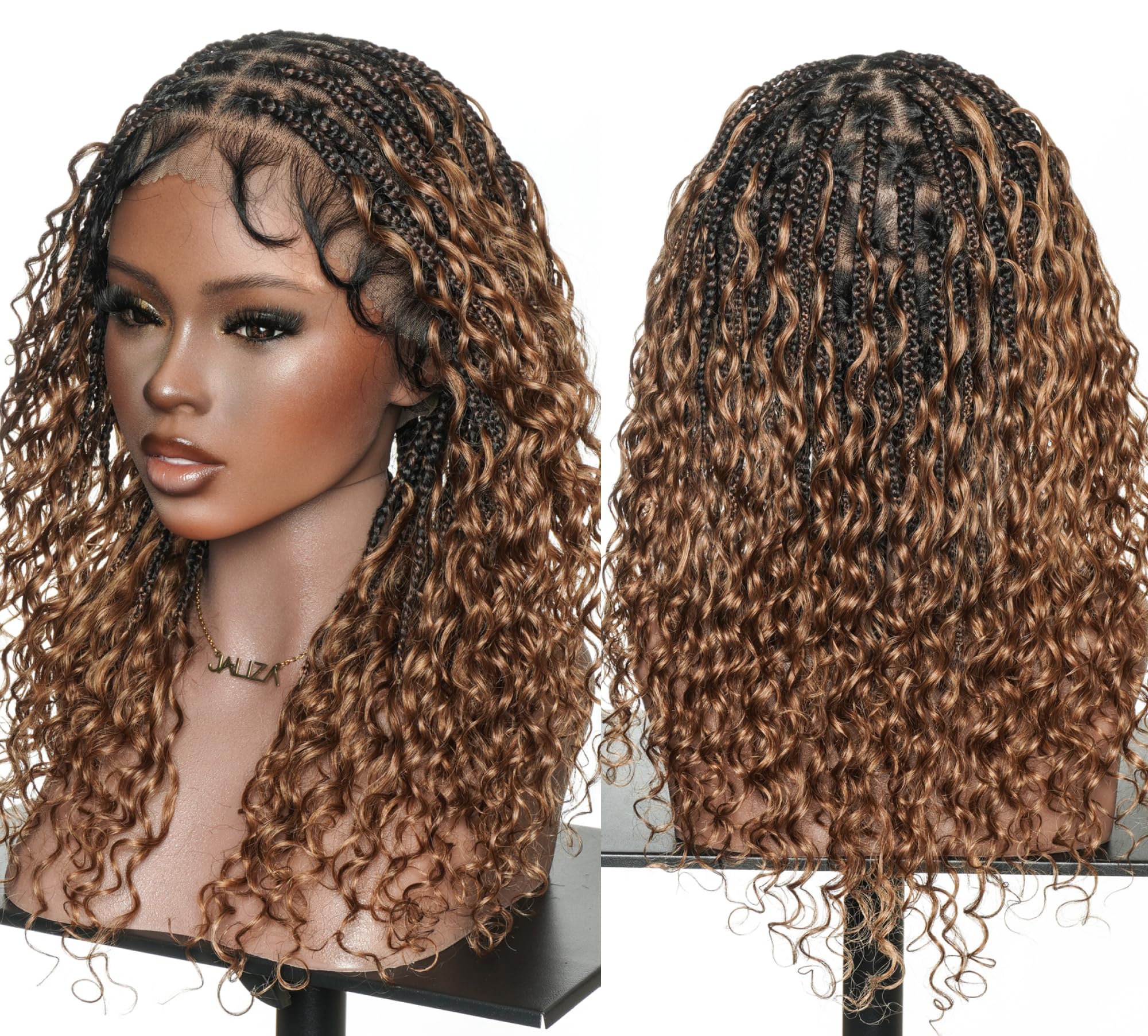 JALIZA 18'' Ombre Brown Boho Braided Wig for Black Women, 100% Hand-Tied Full Lace Boho Box Braids with Human Hair Curls, Glueless Invisible Drawstring, Fit Med