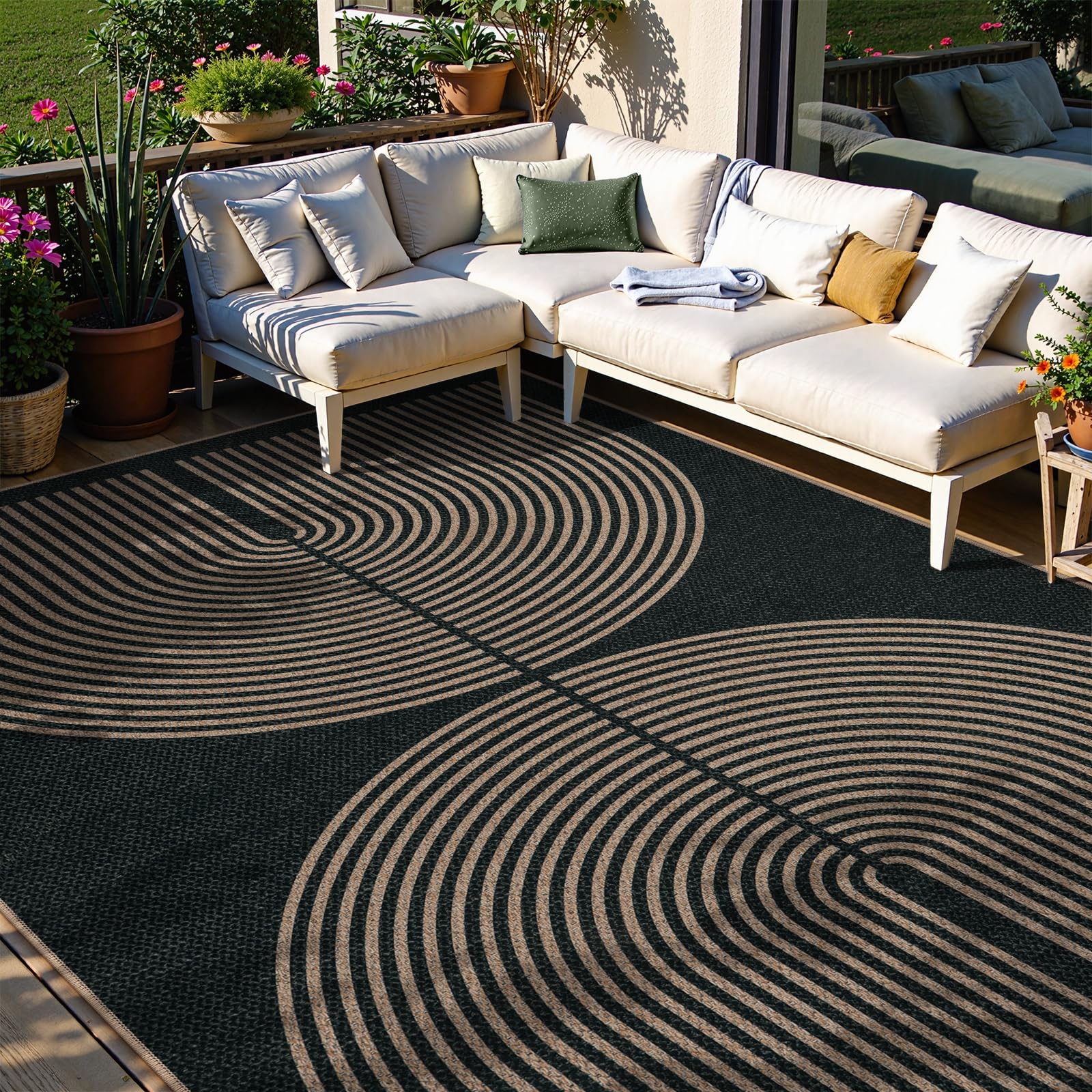 lahome enfys modern rainbow easy jute rug, washable rugs 8x10 for living room indoor outdoor patio farmhouse large carpet, contemporary non slip black carpet for bedroom backyard office decor
