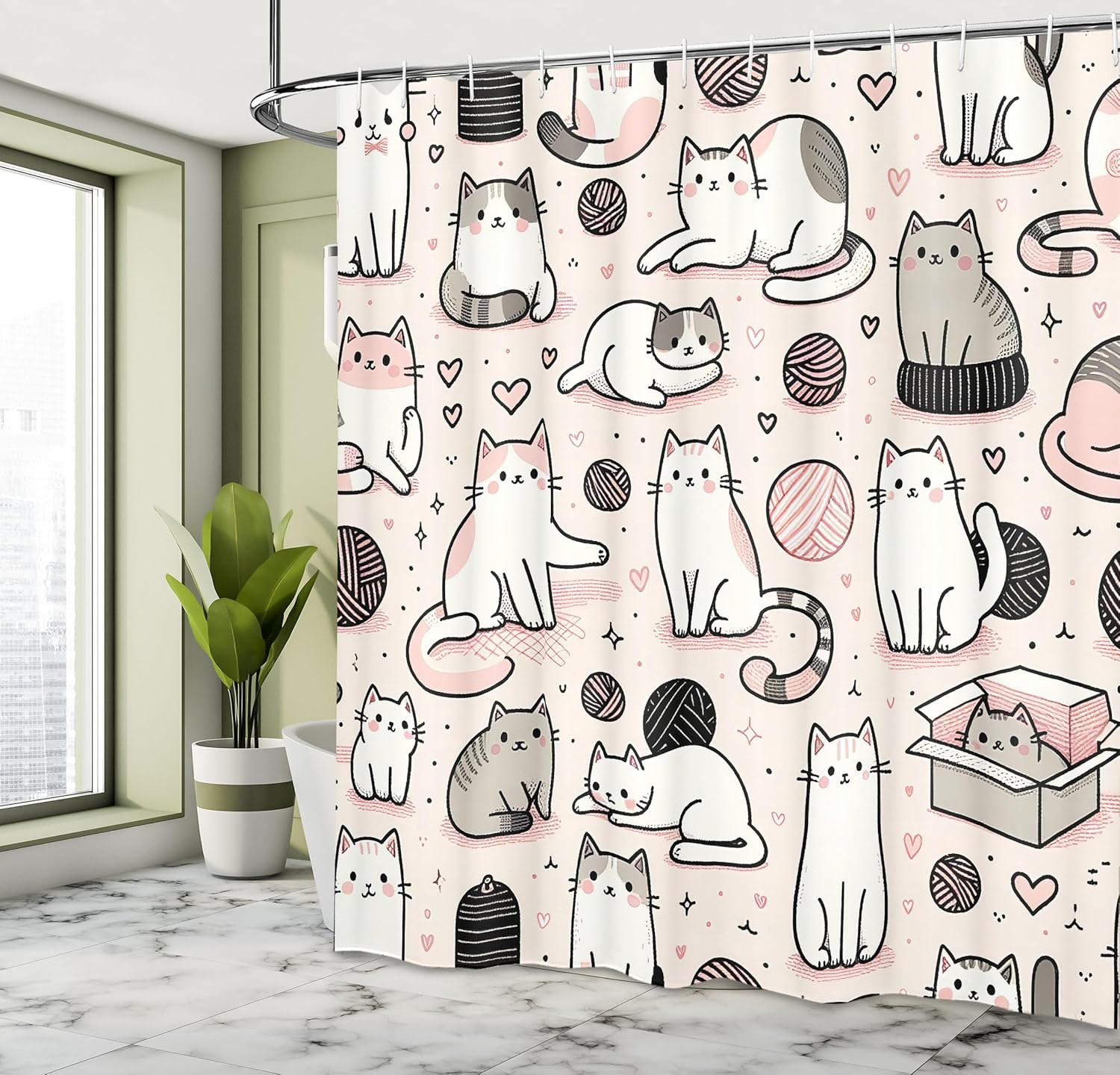 Ambesonne Cat Shower Curtain, Simplistic Drawn Kitties Sitting Laying with Pastel Colors Cartoon Illustration, Cloth Fabric Bathroom Decor Set with Hooks, 69" W x 84" L, Rose and Pale Grey