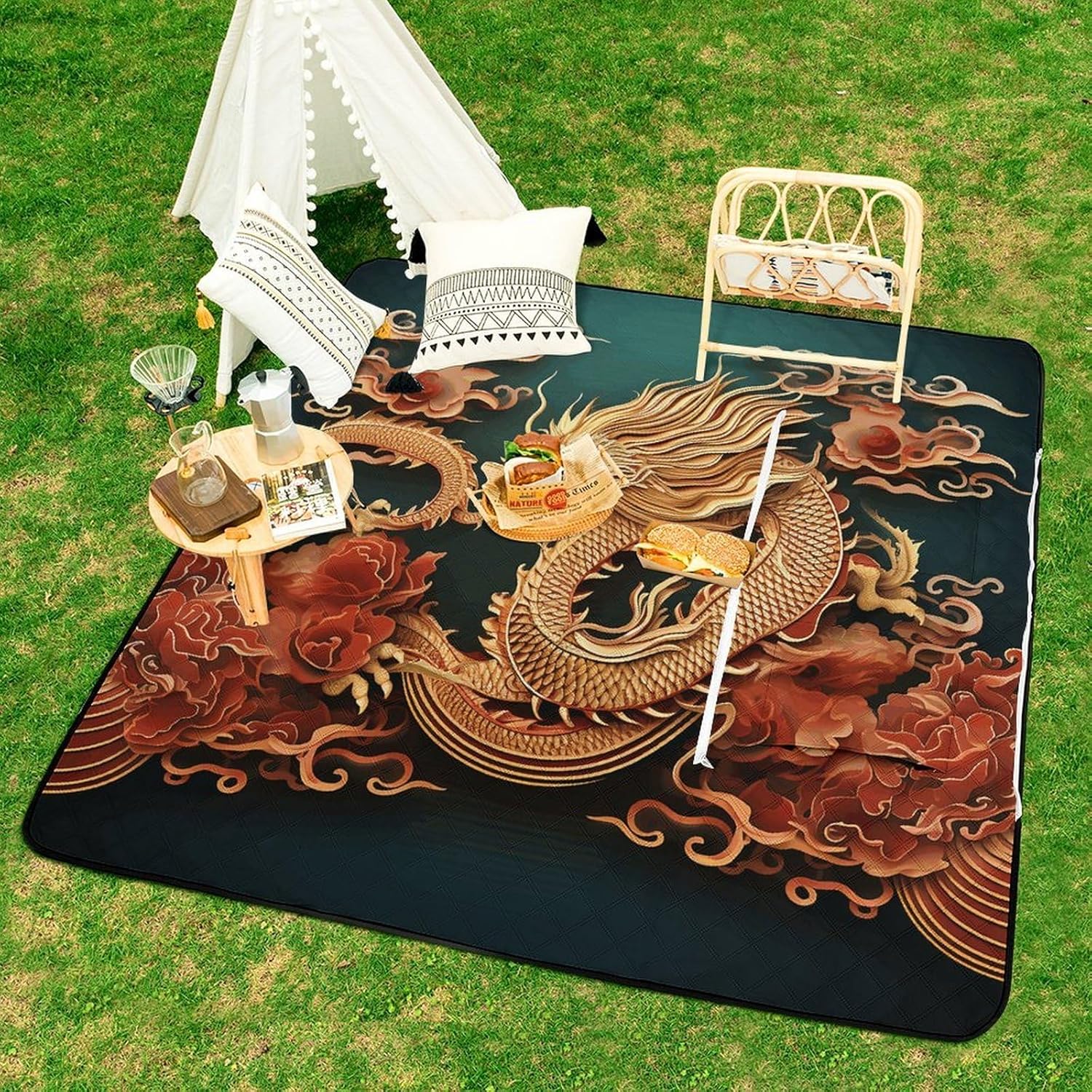 Dragon Chinese Background Picnic Blanket with Zipper Water Resistant Sand Free Picnic Mat Washable Foldable Easy Carry Beach Blanket for Lawn Beach Hiking Camping