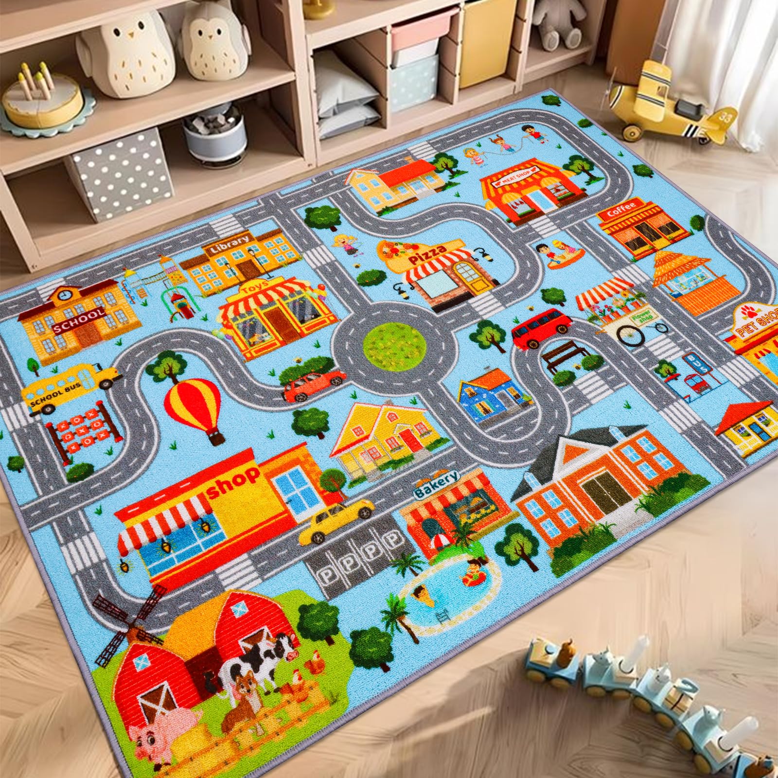 Autoteppich für Kinder, Kinder-Auto-Spielmatte, extra rutschfester Verkehrsstraßenteppich für Kinders, pädagogische Automatte mit Stadtplan für Spielzimmer, Jungen-Schlafzimmer (150X100CM, Blue Sky)