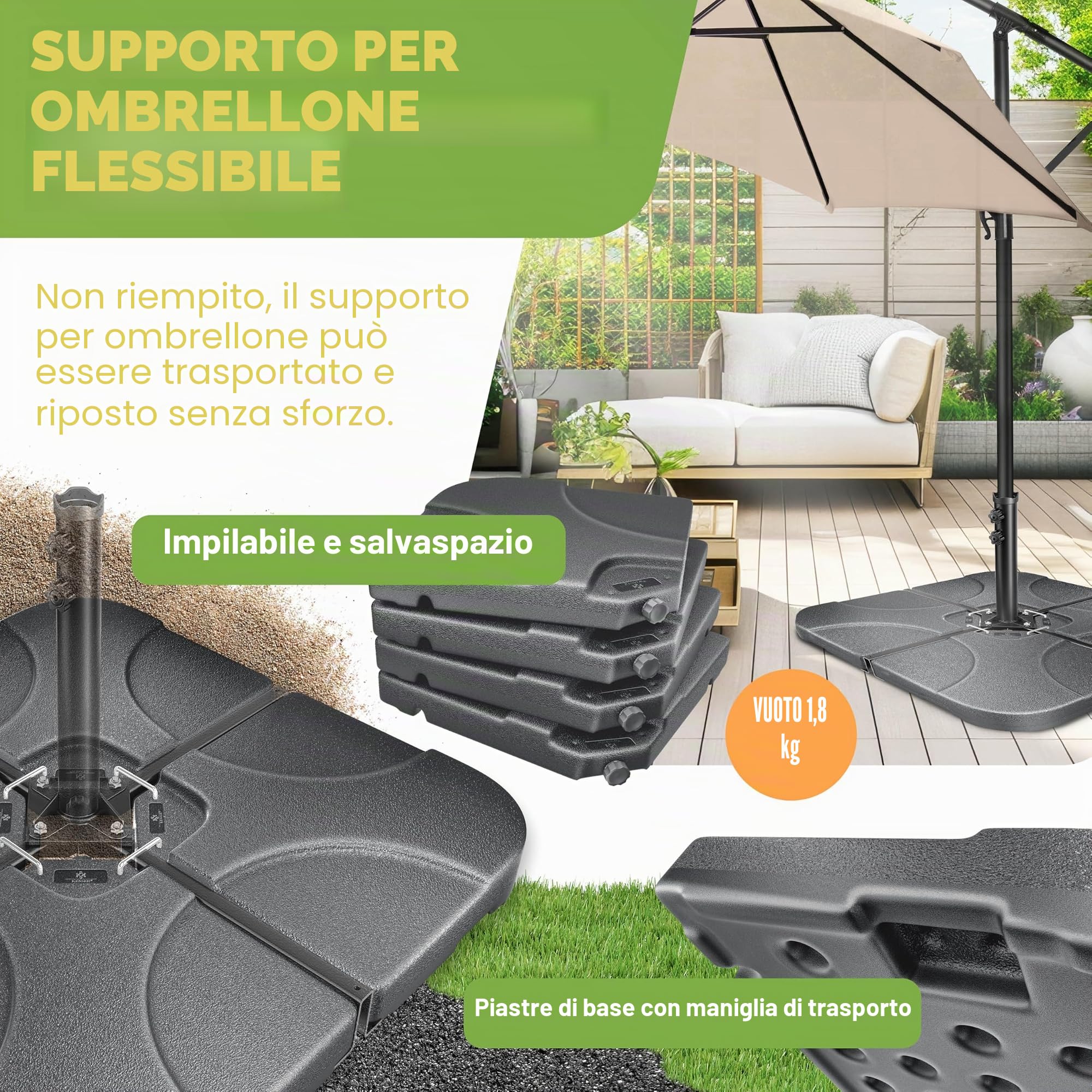 KESSER Supporto per ombrellone, 4 pezzi, peso ombrellone, per ombrellone a croce, 60 litri/80 kg, riempito con acqua o sabbia, con connettore in metallo, supporto per ombrellone in plastica,