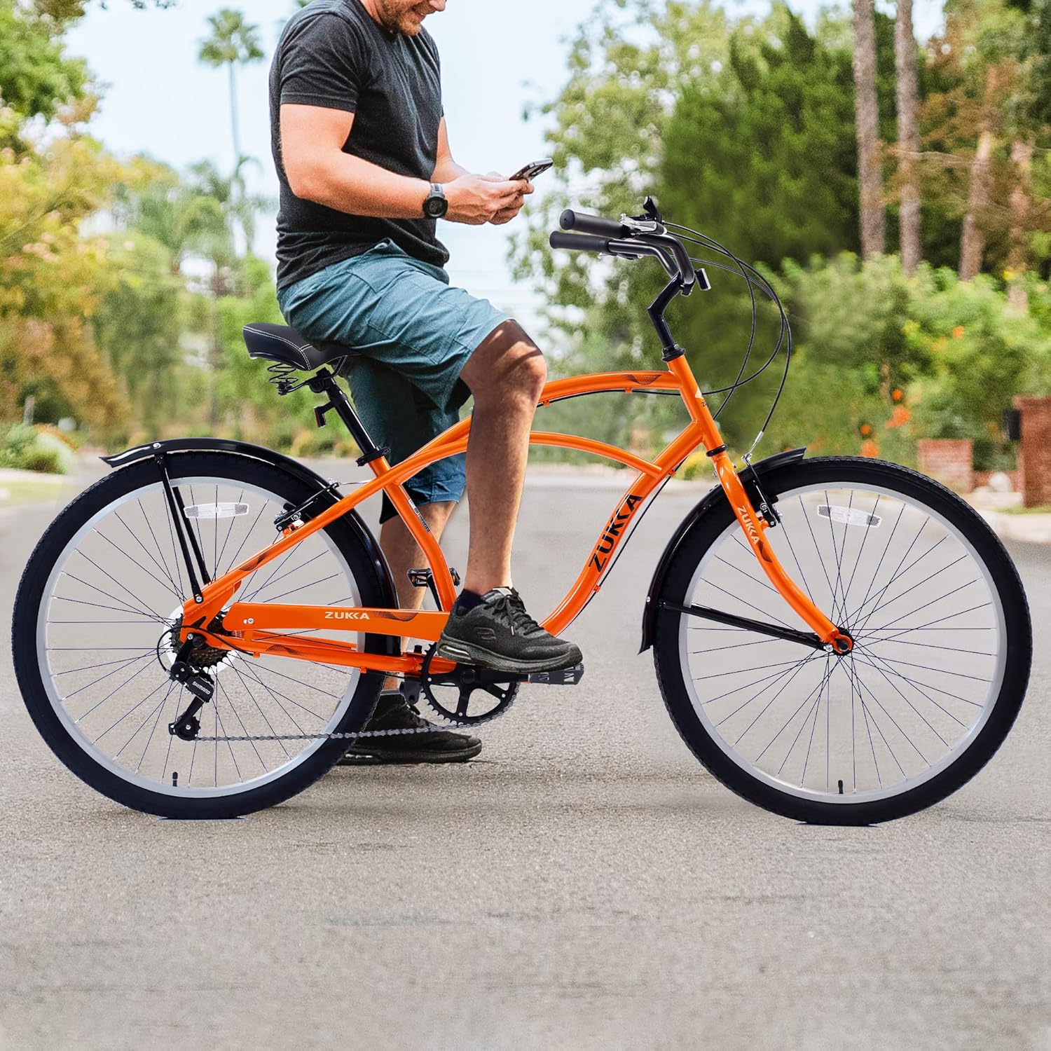 MEGHNA Beach Cruiser Bike 26inch Wheel Bike 7 Speed Driven System V-Brake Comfortable Saddle Commuter Bike for Women Men Senior (Orange)