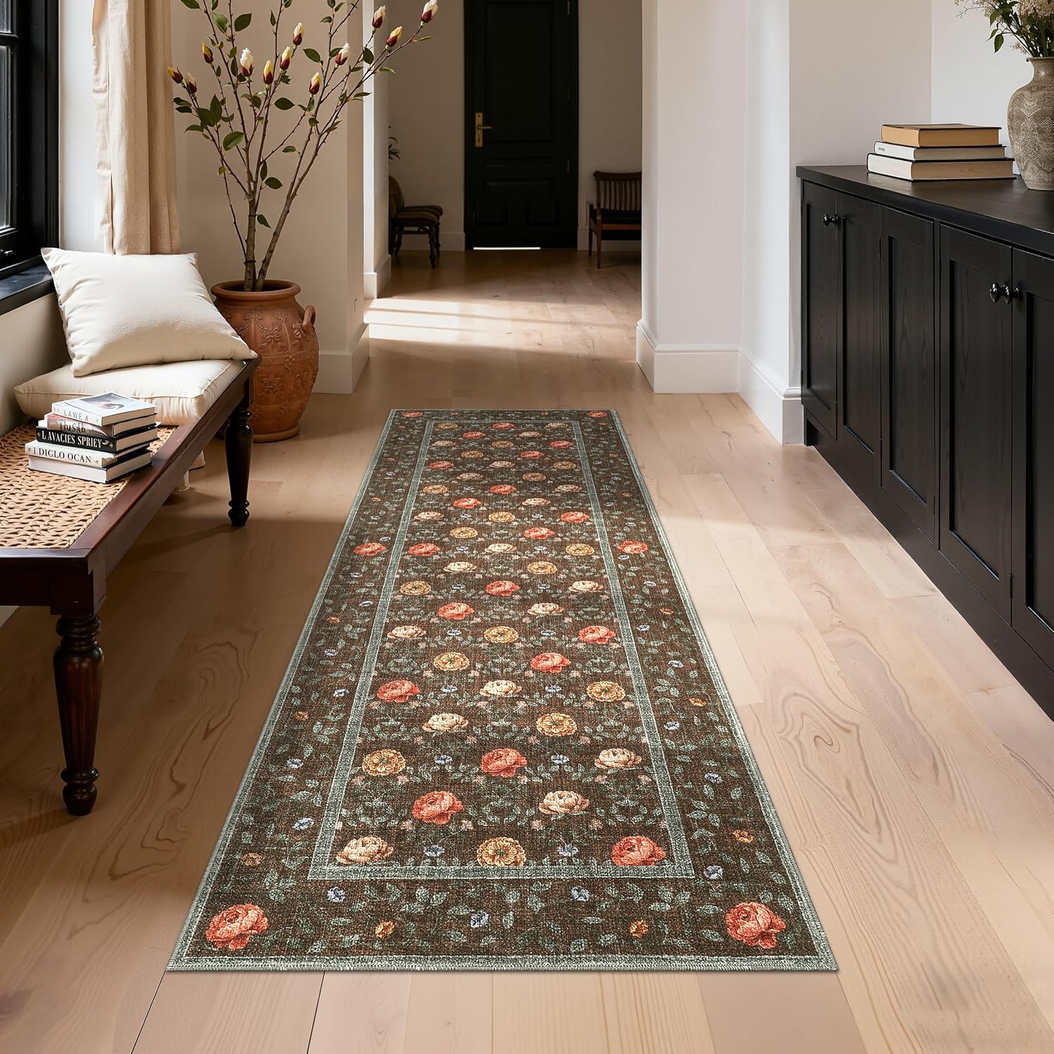 GarveeHome Runner Rug for Hallways 2x6 Kitchen Rugs, Non Slip Washable Vintage Floral Runners Soft Low Pile Botanical Print Stain Resistance Long Carpet for Entryway Bedroom, Brown