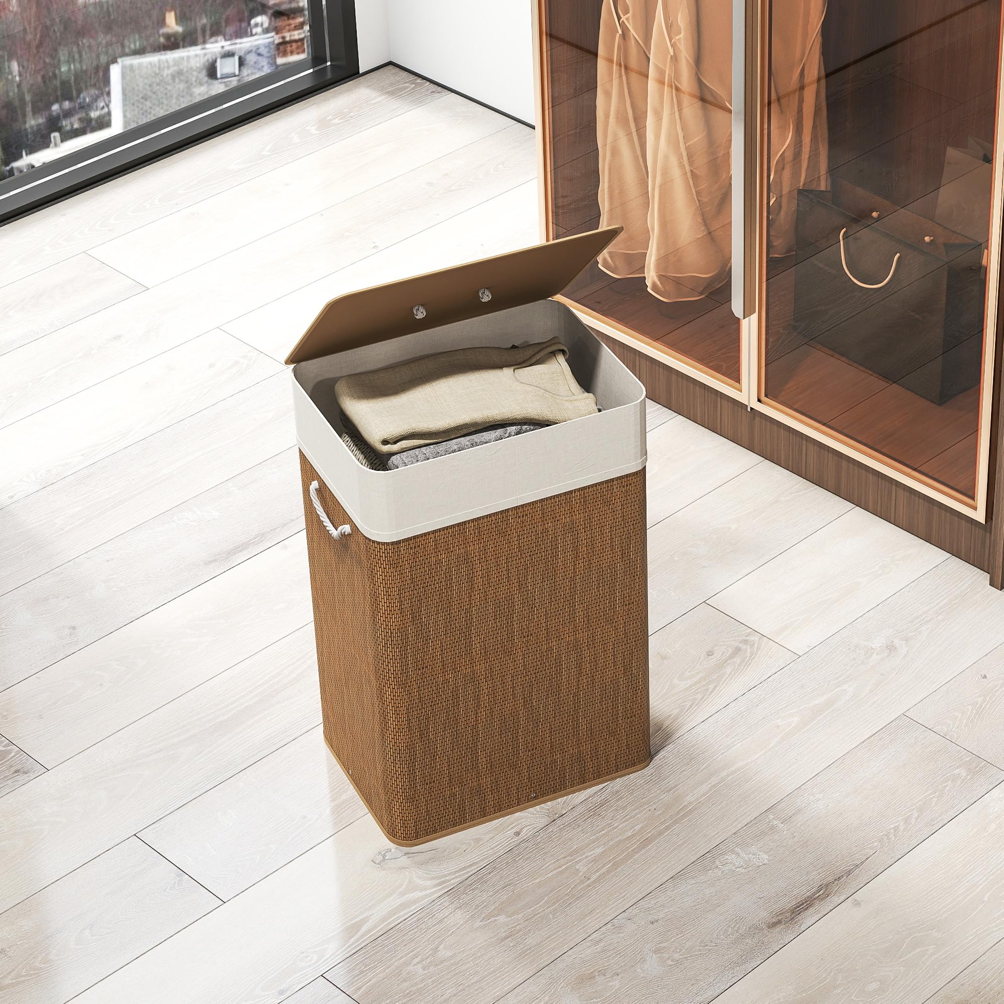 HOMCOM Cesto de Ropa Sucia 72L Bambú con Bolsa Interior Extraíble