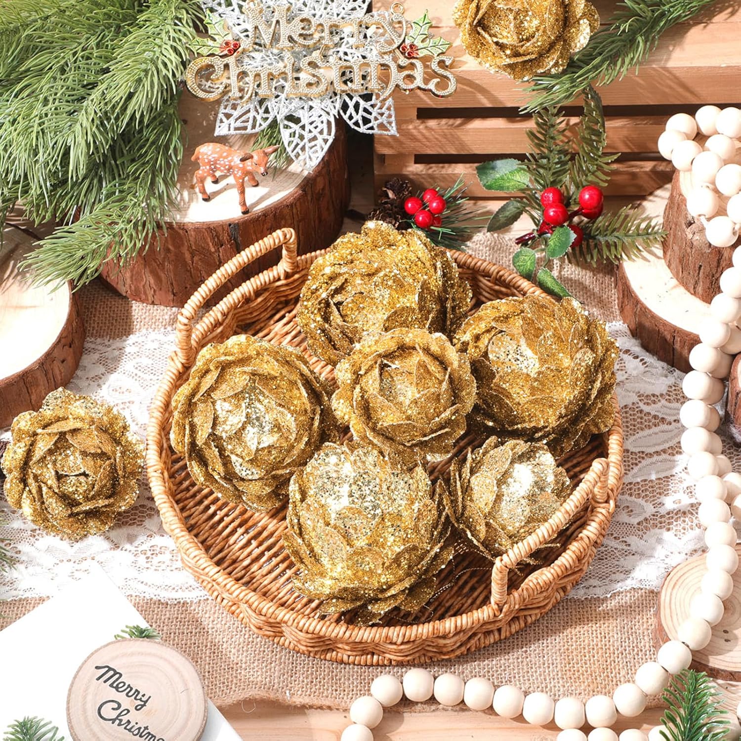 Sratte 8 Pcs Valentine Ball Ornaments Artificial Pinecone Hanging Ornaments Glitter Winter Faux Flower for Xmas Decor, 3.15/2.36 Inch(Gold)