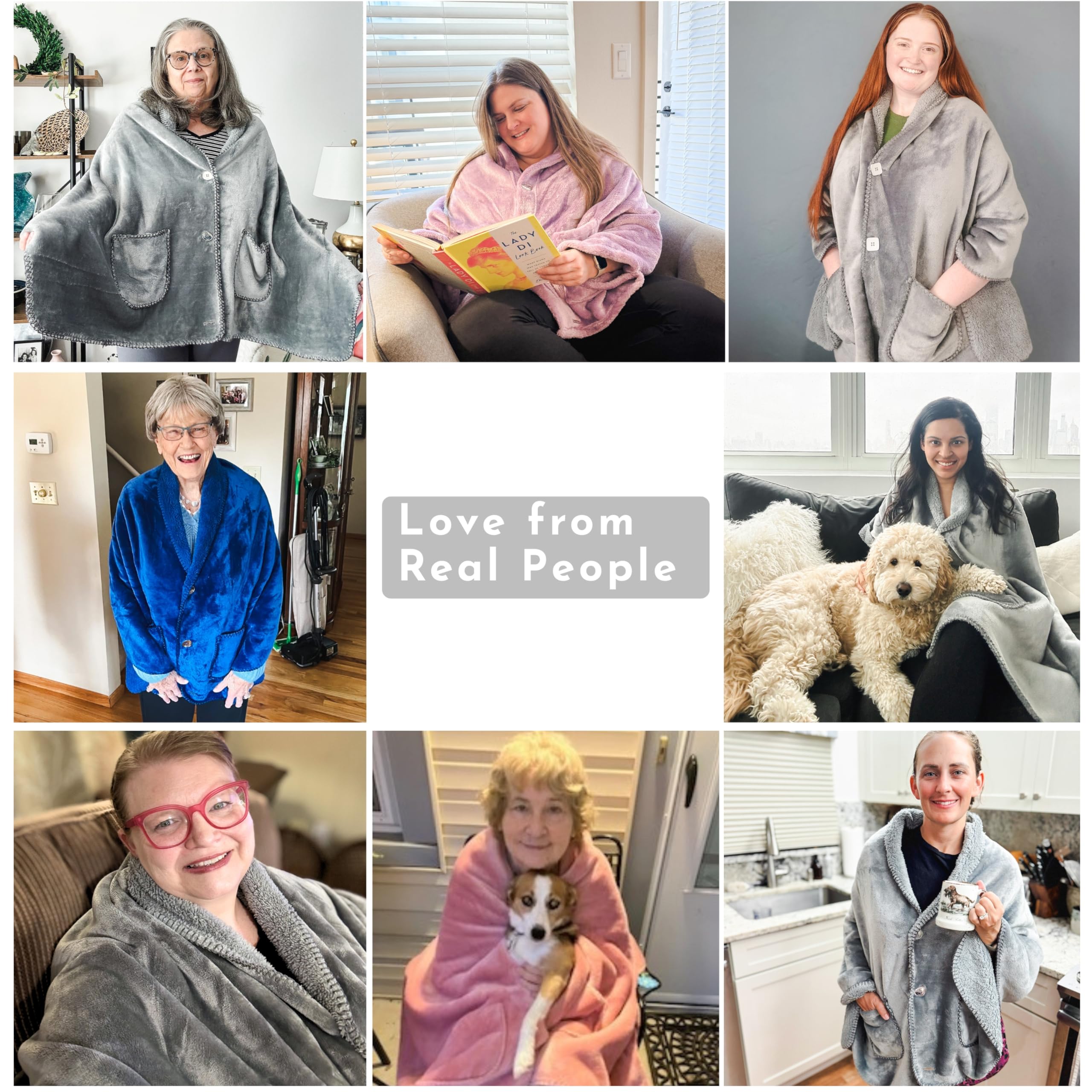 EzrAllora Premium Double Layer Poncho Blanket - No Sleeves Easy On Easy Off- Drape and Go- 2 pockets - Gifts for Grandma (Silver Grey)