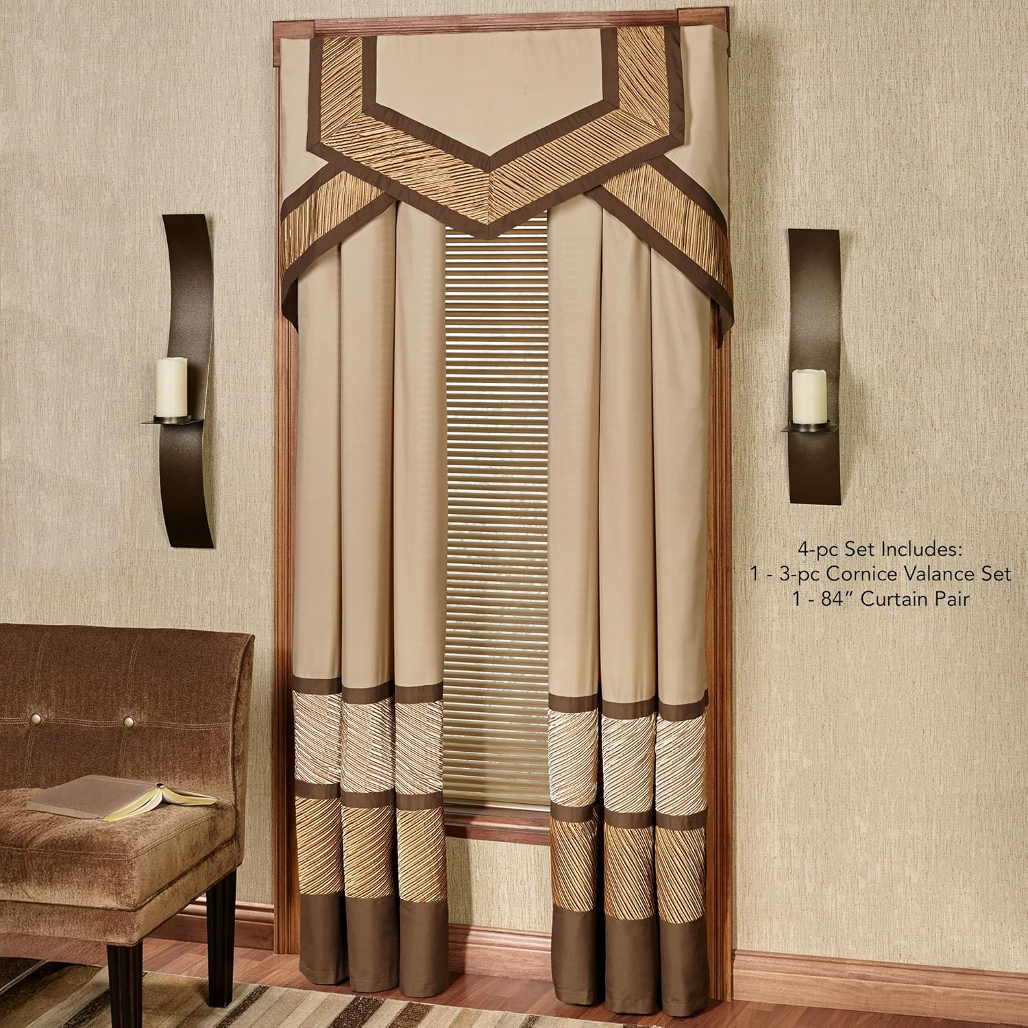 Delta Contemporary Luxury Washable Window Treatment | Sophisticated | Bronze, Champagne Gold, Golden Bronze | Pleated | Silky Polyester Satin | 4 Piece Set: Cornice Valance Set and 84L Curtain Pair