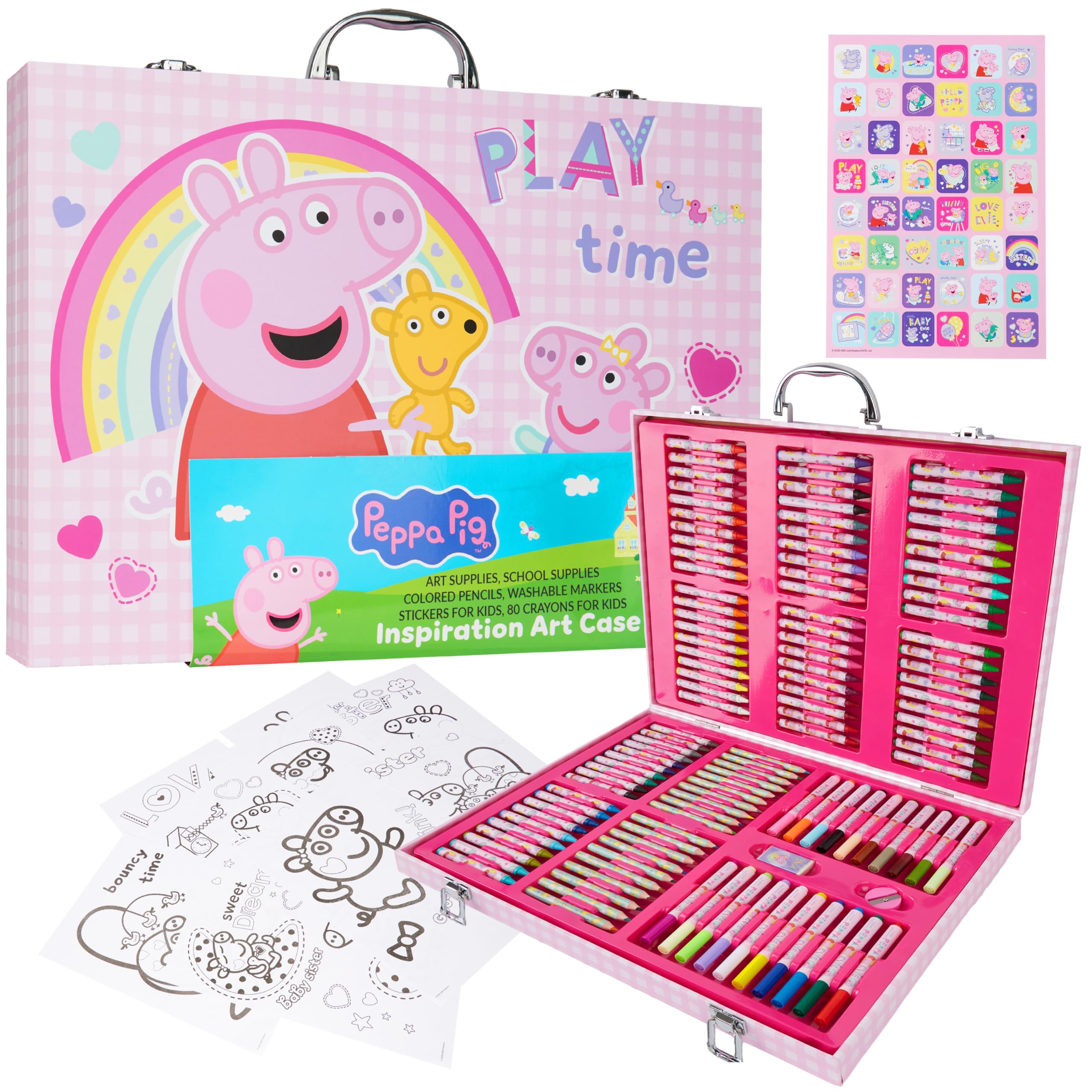 Peppa Pig Maletin Pinturas para Niños con Más de 130 Piezas, Set de Pintura, Lápices, Ceras, Rotuladores, Pegatinas y Hojas para Colorear, Regalo Niña