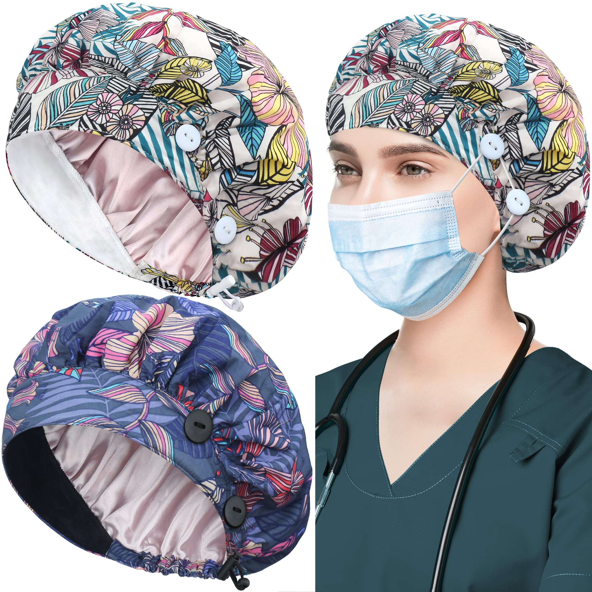 ABAMERICA 2 Pack Bouffant Caps with Button and Sweatband, Adjustable Scrub Caps for Women Men, One Size Multi Color