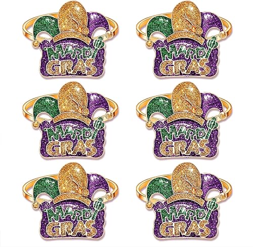 Miniatura 3 de 6 servilleteros Mardi Gras máscara con purpurina Fleur De Lis para juego de mesa servilletero de martes gruesos anillos para fiesta de máscaras