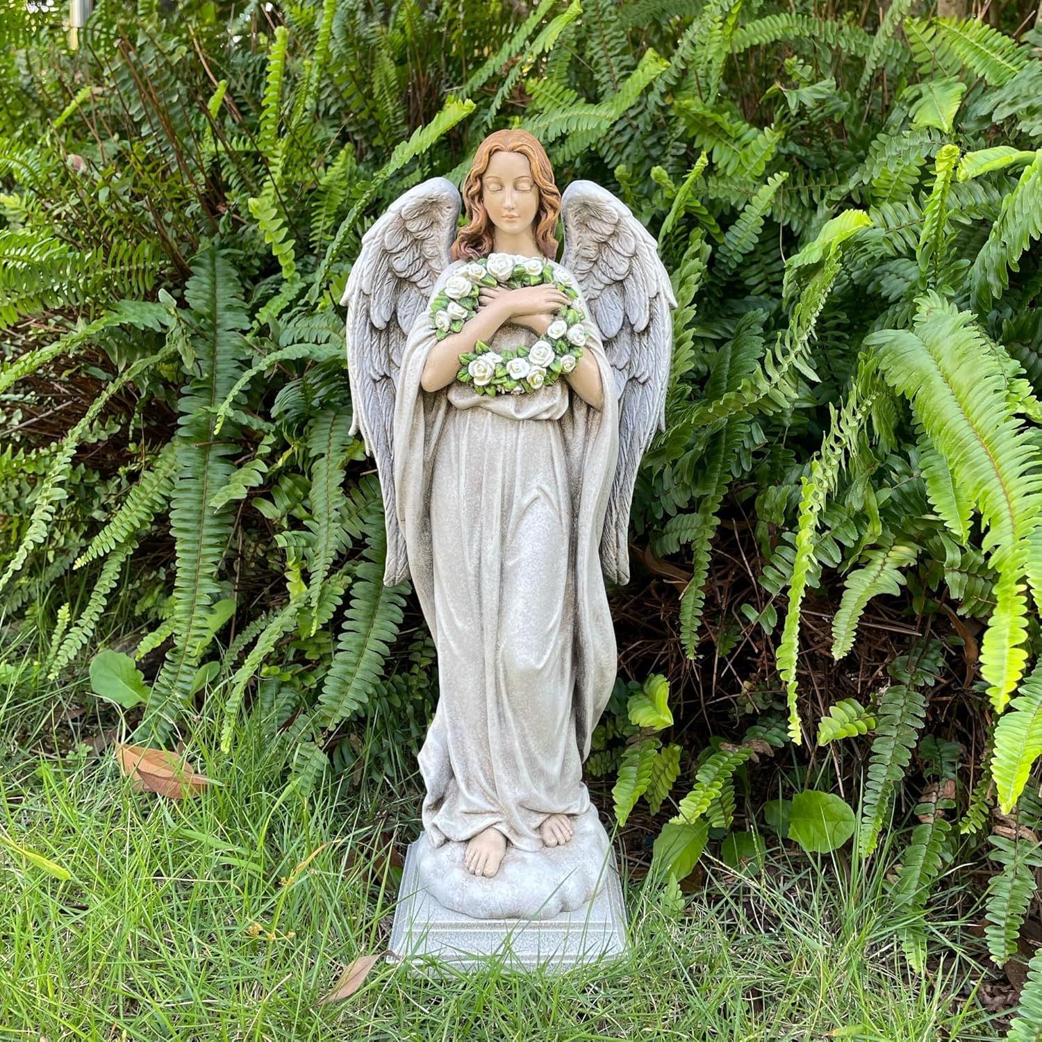 Garden Angel with Flower Wreath Statue - 16" Outdoor Memorial Angel Decor - Image 6