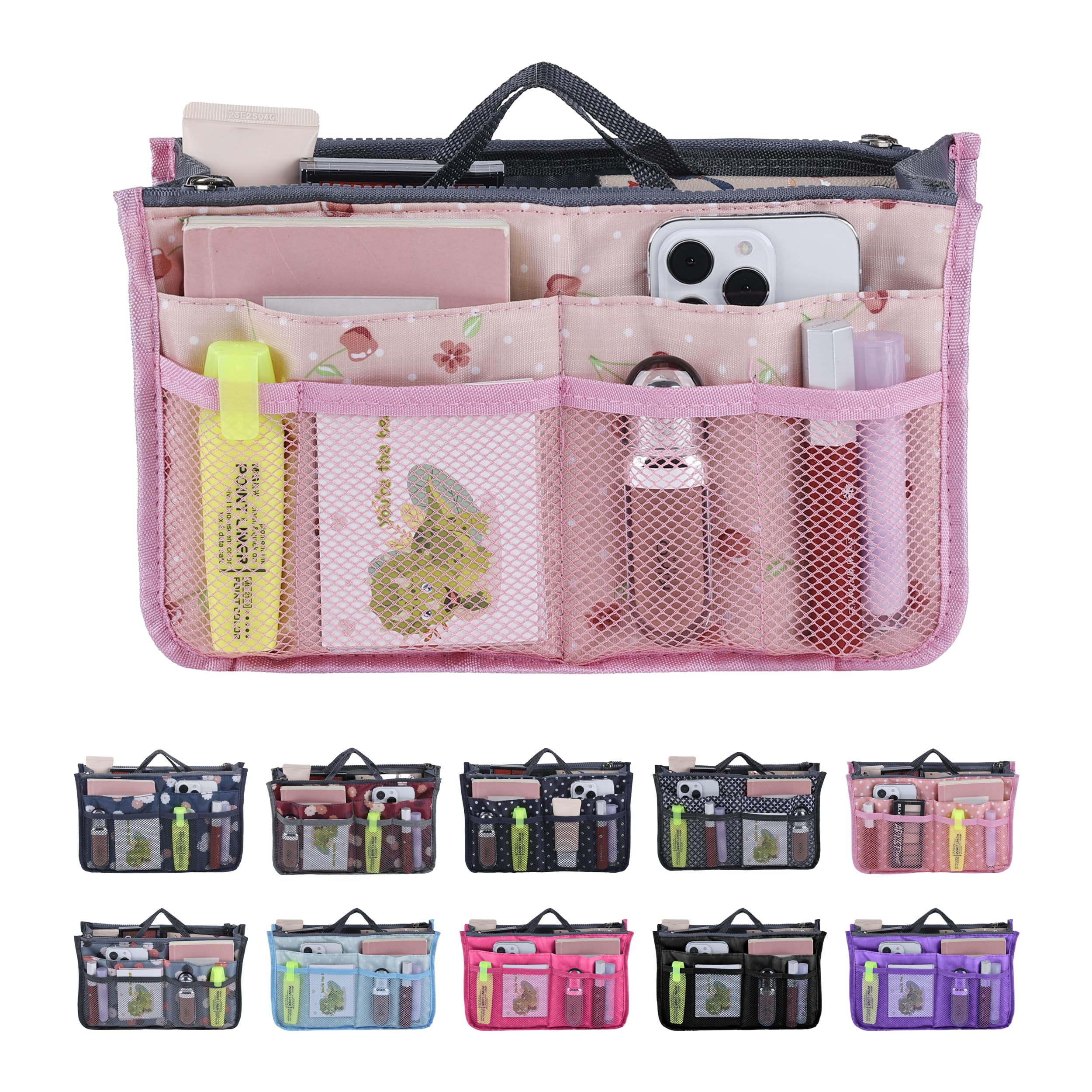 Jj Prime Cherry, Pink - Multi Compartment Handbag Insert | Expandable Organizer | Pink Tote Divider With 13 Pockets (Cherry, Pink)