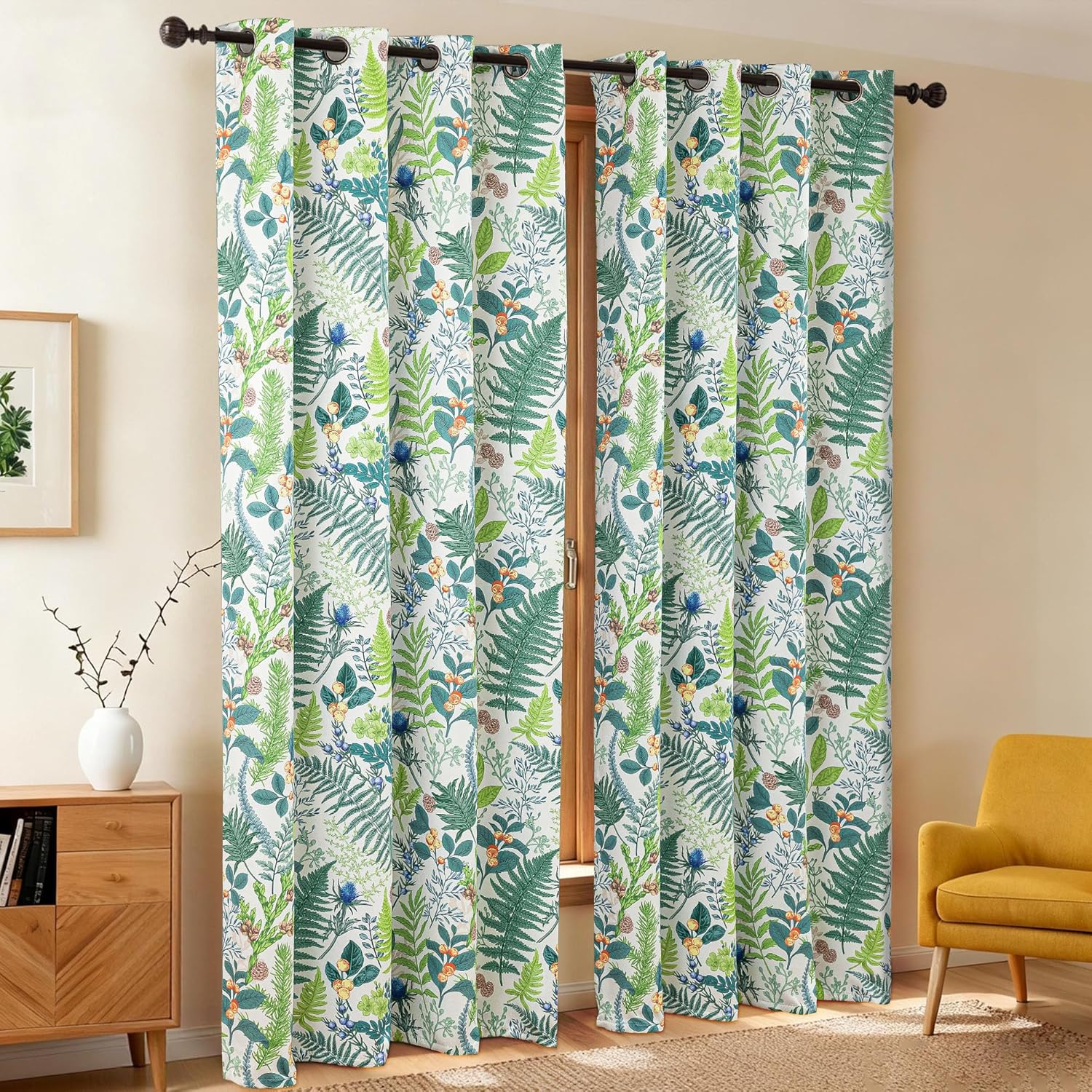 Botanical 100% Blackout Curtains for Bedroom 63 Inch Length 2 Panels Set White Green Plant Floral Black Out Curtains Insulated Grommet Room Darkening Window Drapes for Living Room，52Wx63L