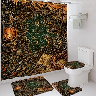 Lantern Shower Curtain Sets, Rustic Outdoor Mountains Lake Summer Green Polyester Waterproof Bathroom Set with Print Cloth Curtains and Rugs for Bathtub Toile Guest Room Decor 72x72 Inch
