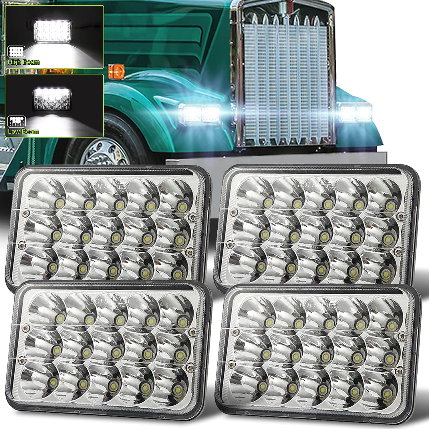 Featured Product Dot Approved 4x6 Inch LED Headlights 4PCS High Low Sealed Beam Rectangular LED Headlights H4651 H4652 H4656 H6545 Headlamp with Peterbilt Kenworth KW 900 Freightinger Ford Oldsmobile Cutlass Truck