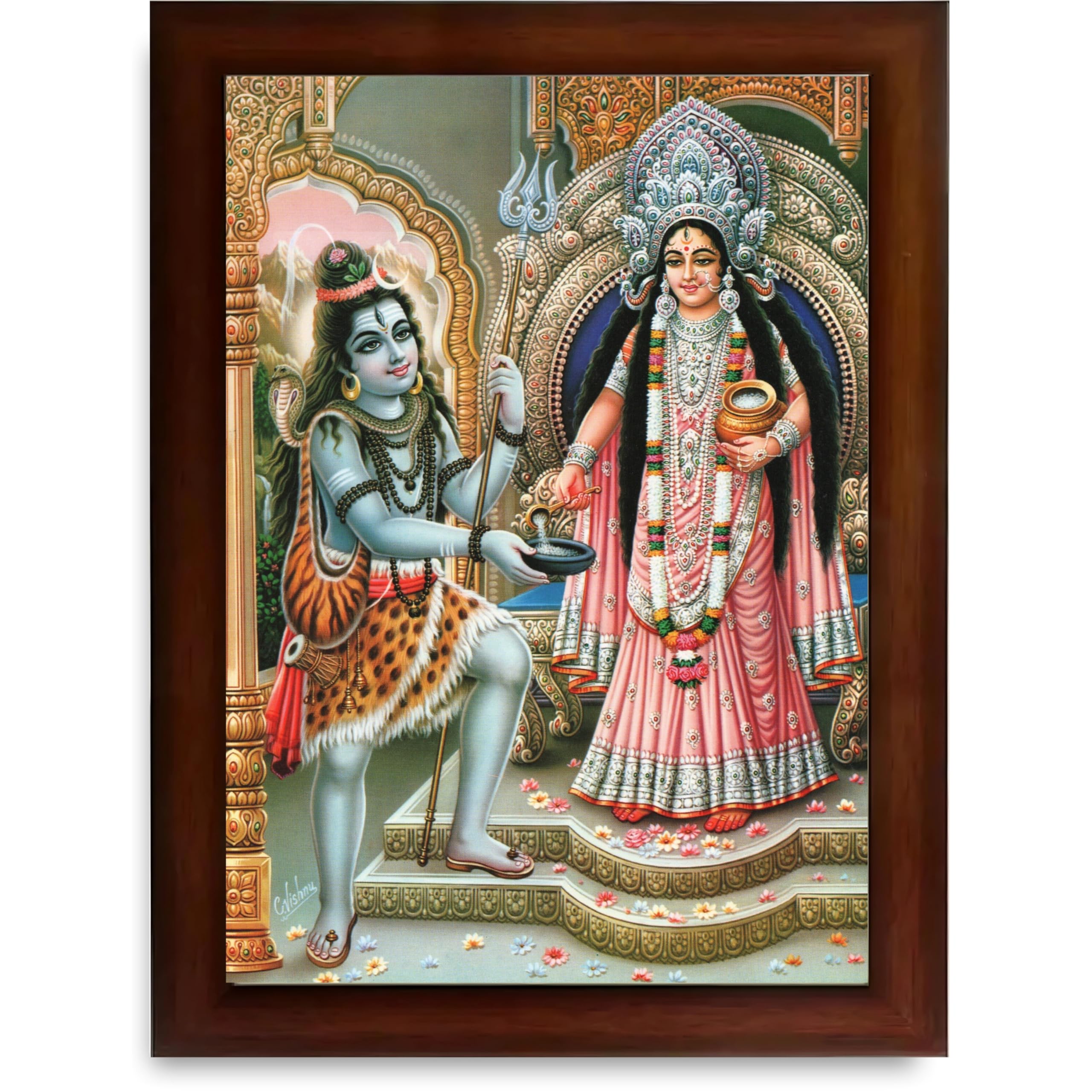 CRAFT QUEST Shiva & Maa Annapurna devi sitting on throne photo frame with Acrylic glass for Kitchen Worship (10 X 13 Inches)
