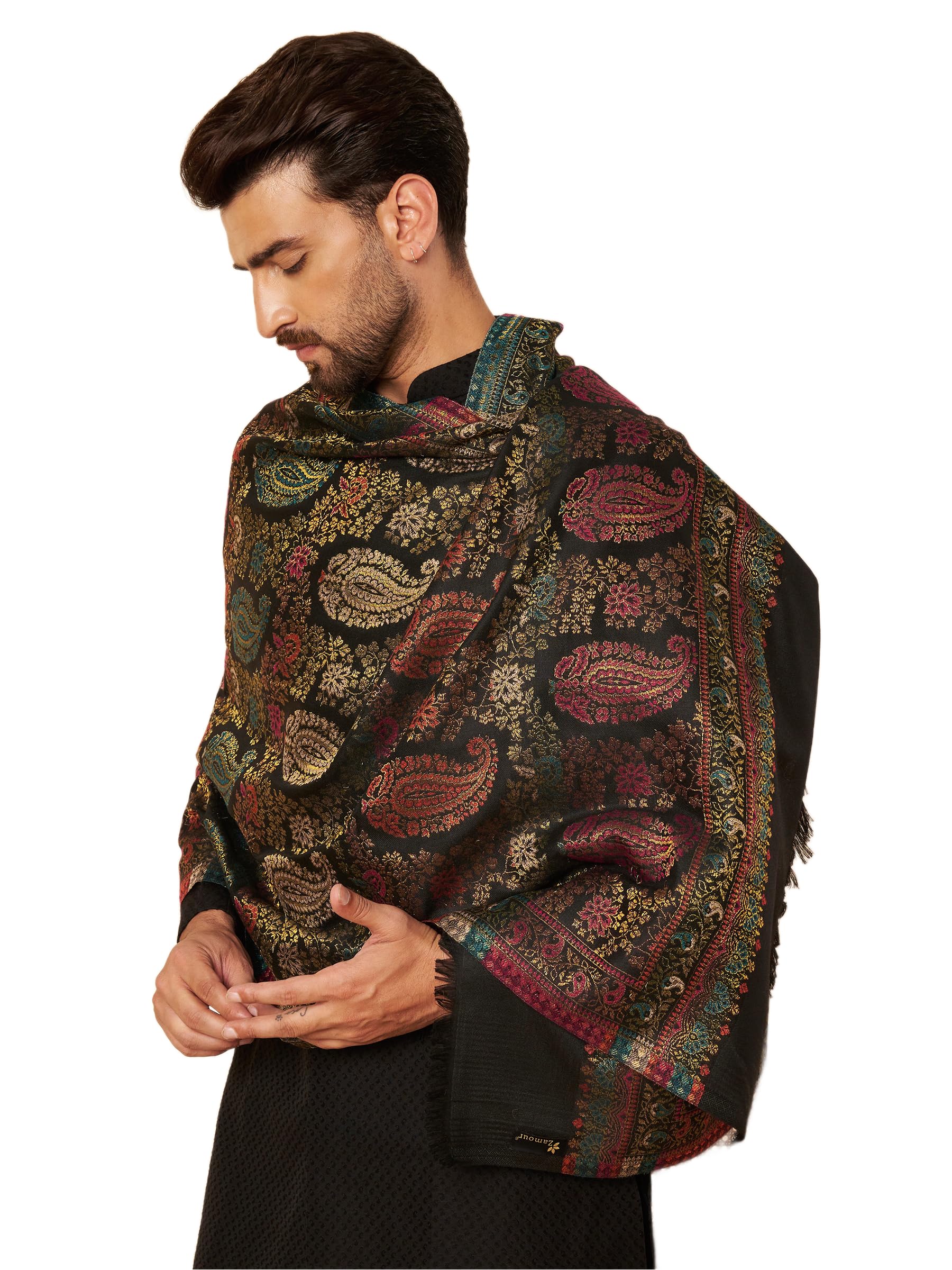 zamour Men's Woolen Kani Stole – Multicolor Paisley Floral Kashmiri Weave & Zari Work (Winter Wrap)-picture-34