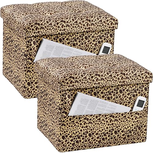 Bsketa Storage Ottoman Foot Rest Stool, Small Velvet Storage Ottomans Bench, Folding Footstool with Side Pockets, Foot Rest Under Desk for Living Room Bedroom, 17x13x13 in, Leopard Print 2 Pack