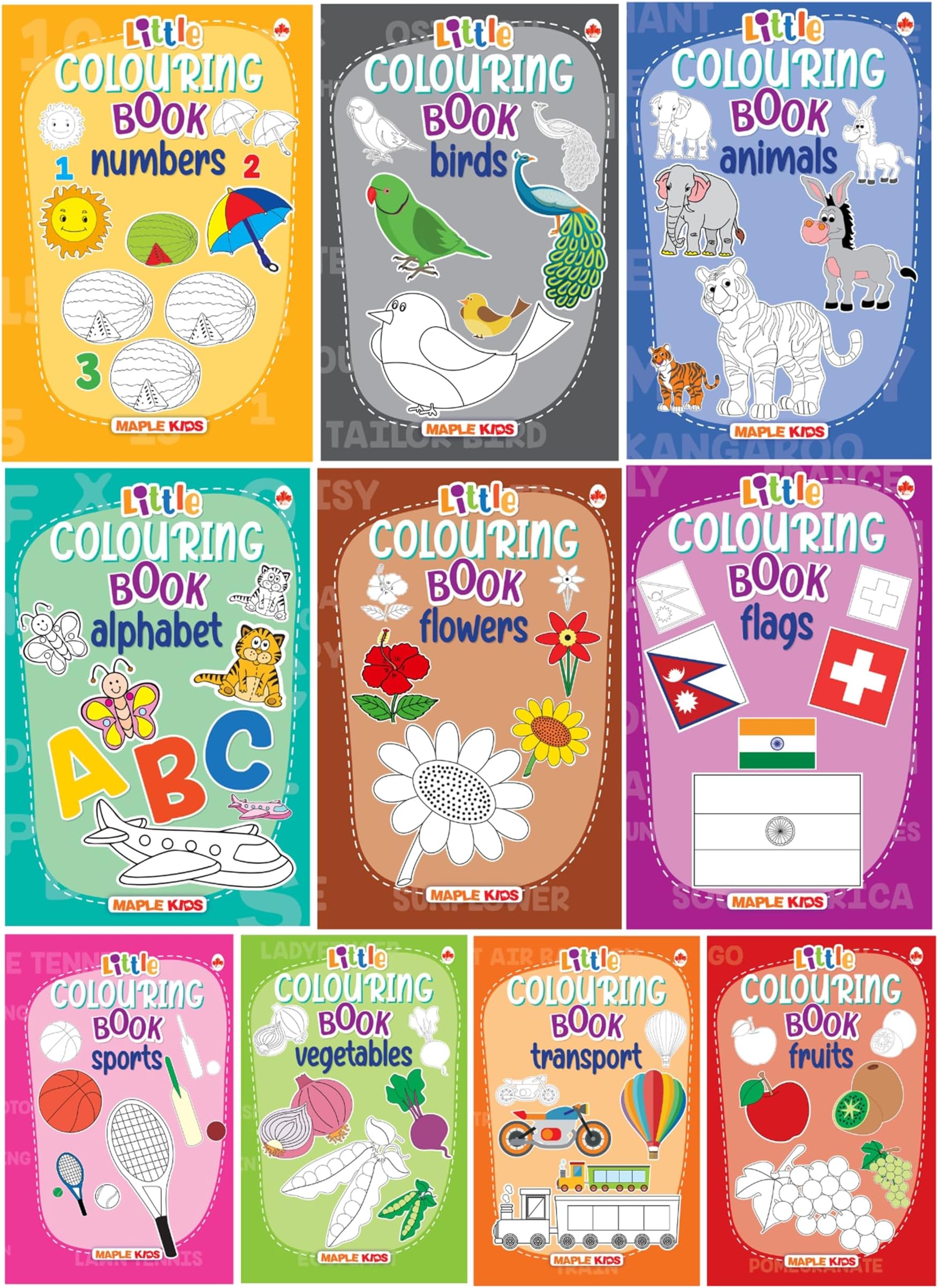 Little Colouring Books for Kids (Set of 10 Books) - Gift to children for painting, drawing and colouring - Alphabets, Animals, Birds, Flags, Flowers, ... Transport, Vegetables - 3 to 6 years old