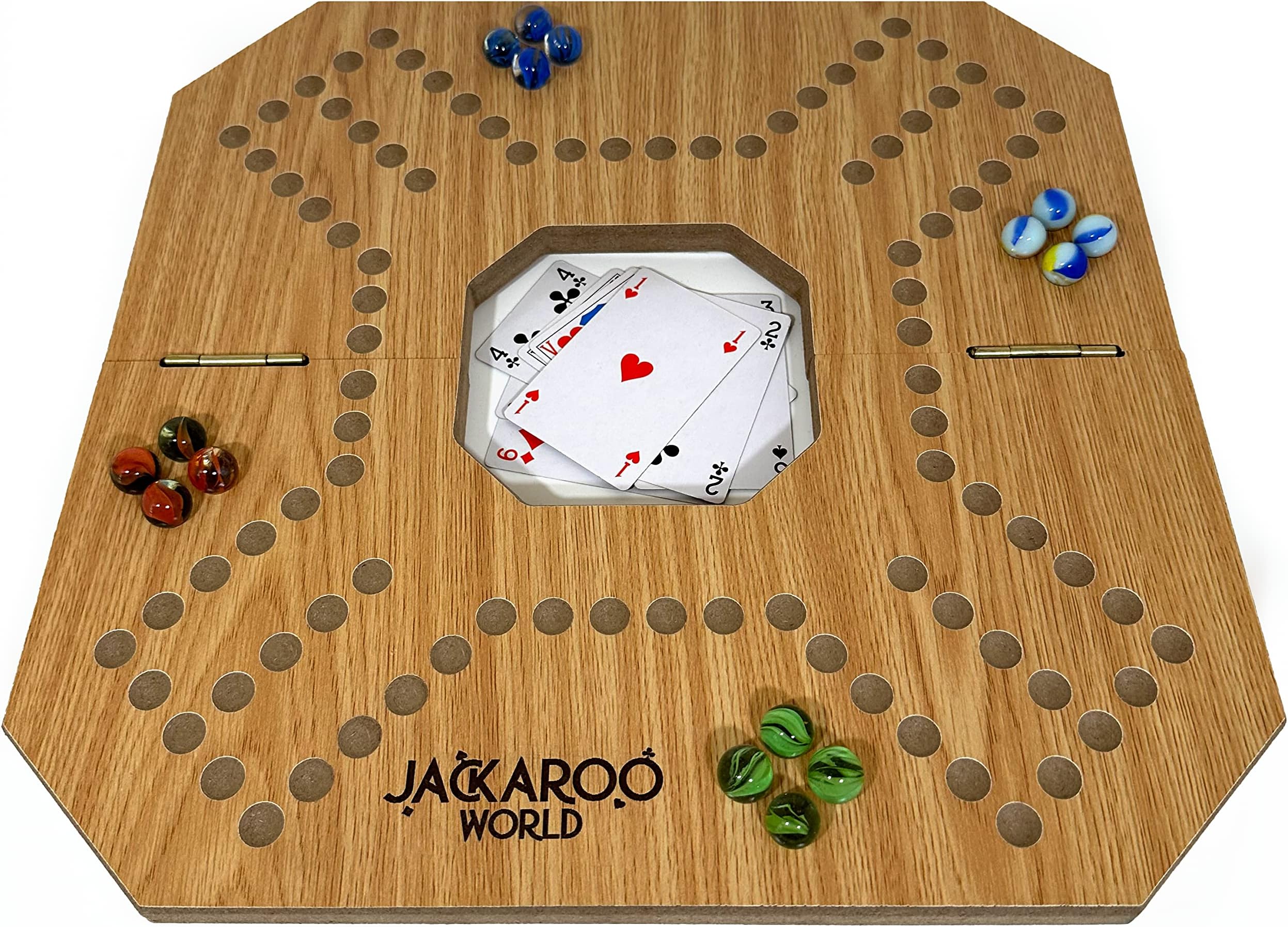 Jackaroo Board Game, 2-4 Player Marble Strategy Game, Solid Wooden Game with 16 Glass Marbles and 52 Cards, Marbles and Jokers Board Game, Marble Chase Game, Foldable Board with Carry Bag (Oak)