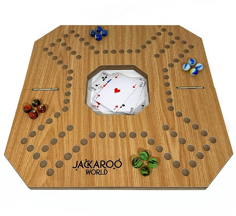 Jackaroo Board Game, 2-4 Player Marble Chase Board Game, Wooden Game with 16 Glass Marbles and 52 Cards, Marbles and Jokers Game, Marble Strategy Game, Foldable Board with Carry Bag for Adults (Oak)