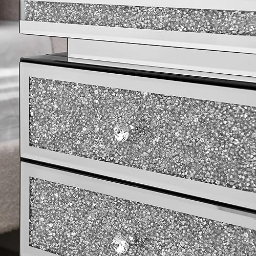 Miniatura 49 de SSLine Mesa auxiliar cuadrada con espejo con luces LED, mesita de noche con espejo, mesa auxiliar de espejo con acabado plateado para dormitorio,