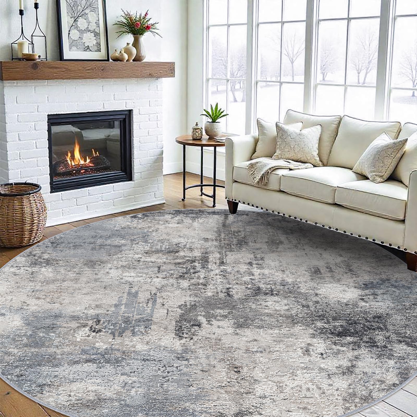 Washable 9ft Round Area Rug: Non Slip Area Rug for Living Room Blue Grey