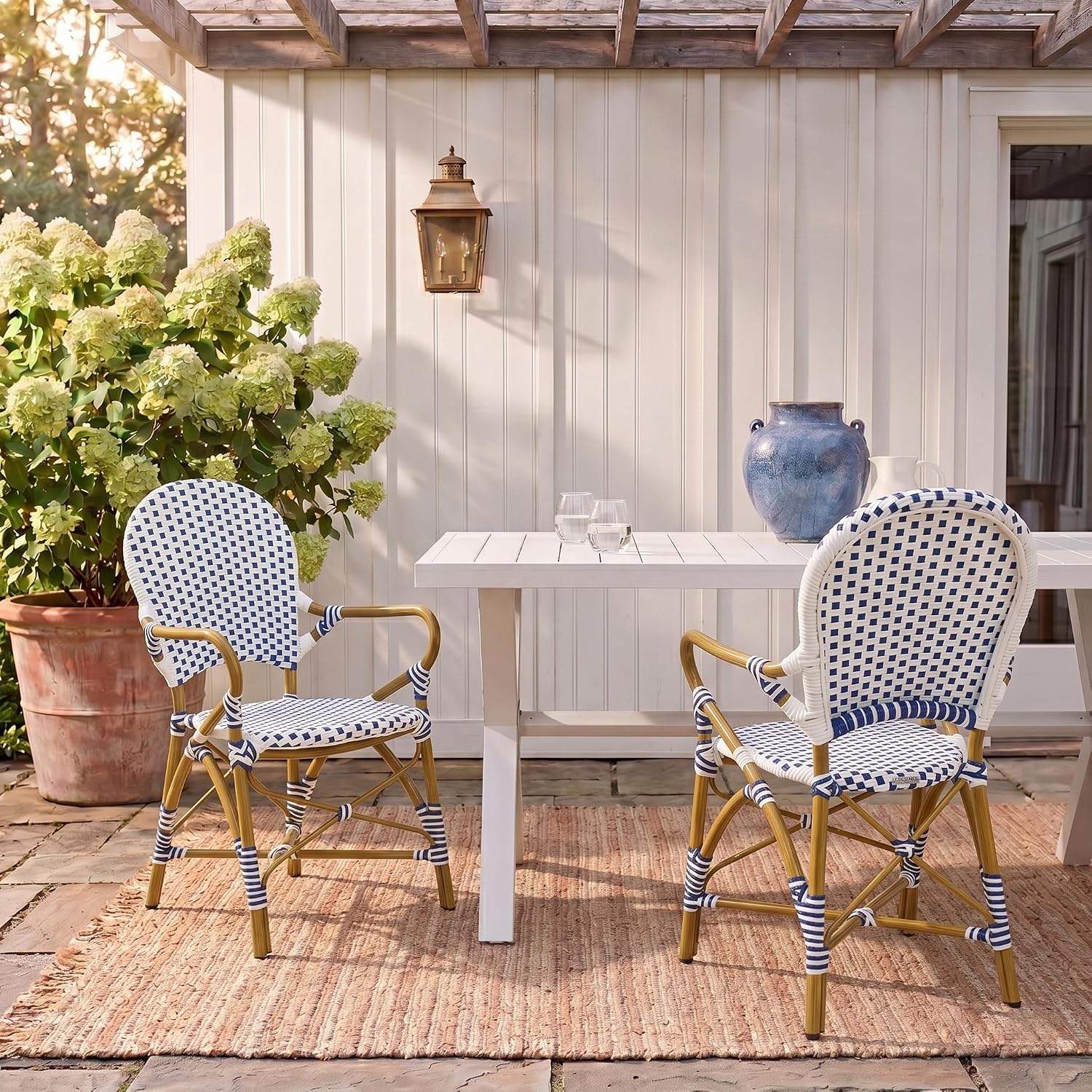SAFAVIEH Outdoor - Hooper Stacking Arm Chair Set of 2 - Blue & White - Faux Wicker & Aluminum Frame - Bamboo Bistro Design - Ideal for Patio, Deck, Sunroom, Dining, 17.3" Seat Height (FOX5209A-SET2)