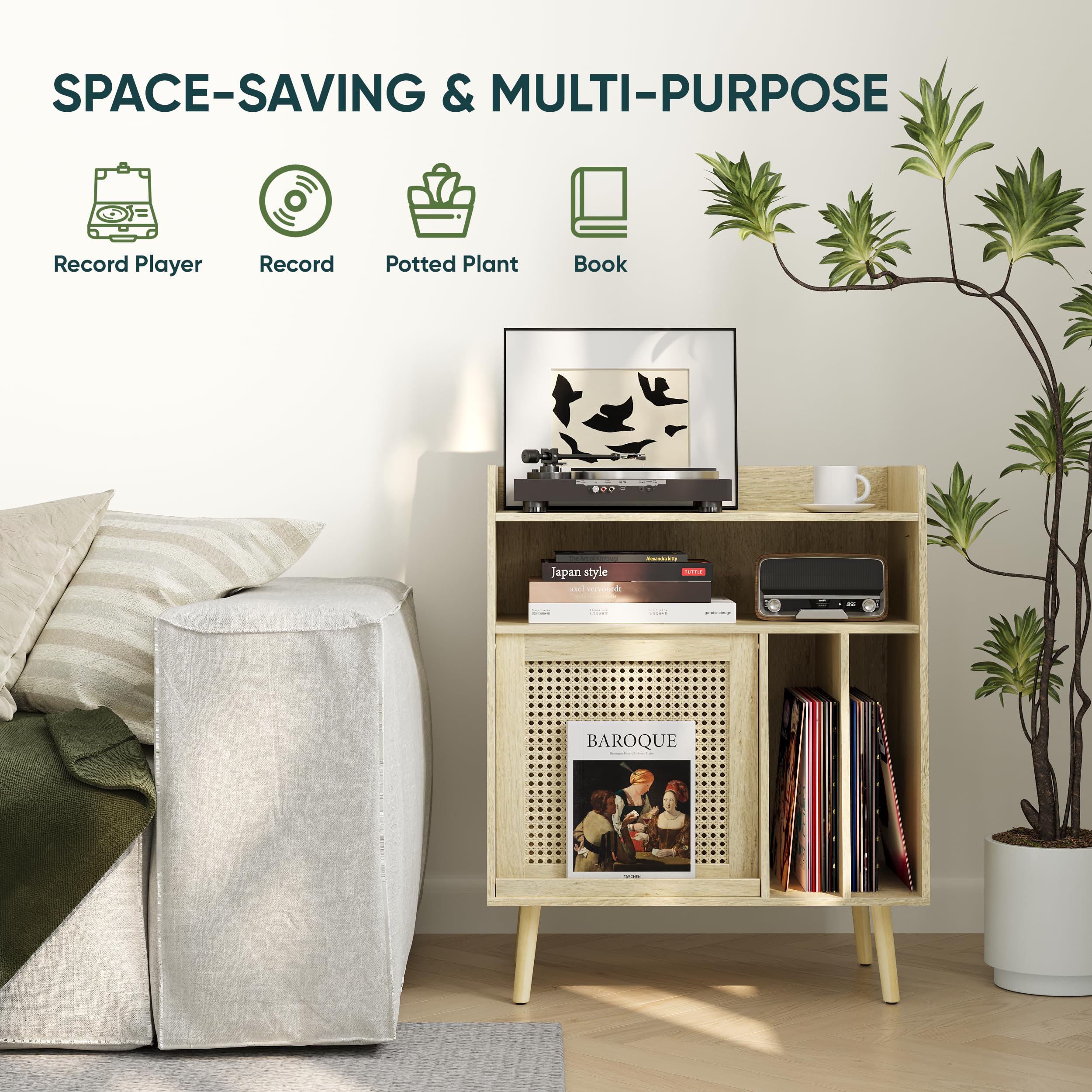 Semiocthome Giradischi con funzione di conservazione in vinile, supporto per dischi con ante in rattan e gambe in legno massello, adatto per giradischi. (grande)