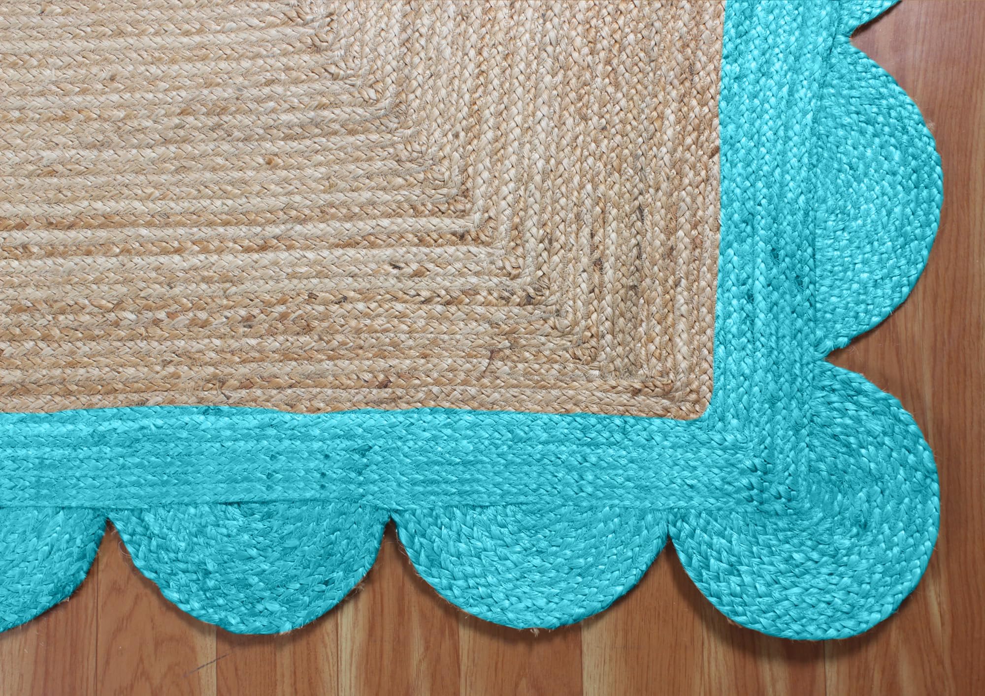 Gewellter Läuferteppich, natürlicher Juteteppich, 2 x 10, Beige & türkisfarbene Basis, gewebtes Flachgewebe für drinnen, draußen, Flur, Balkon, Eingangsbereich, Bauernhaus