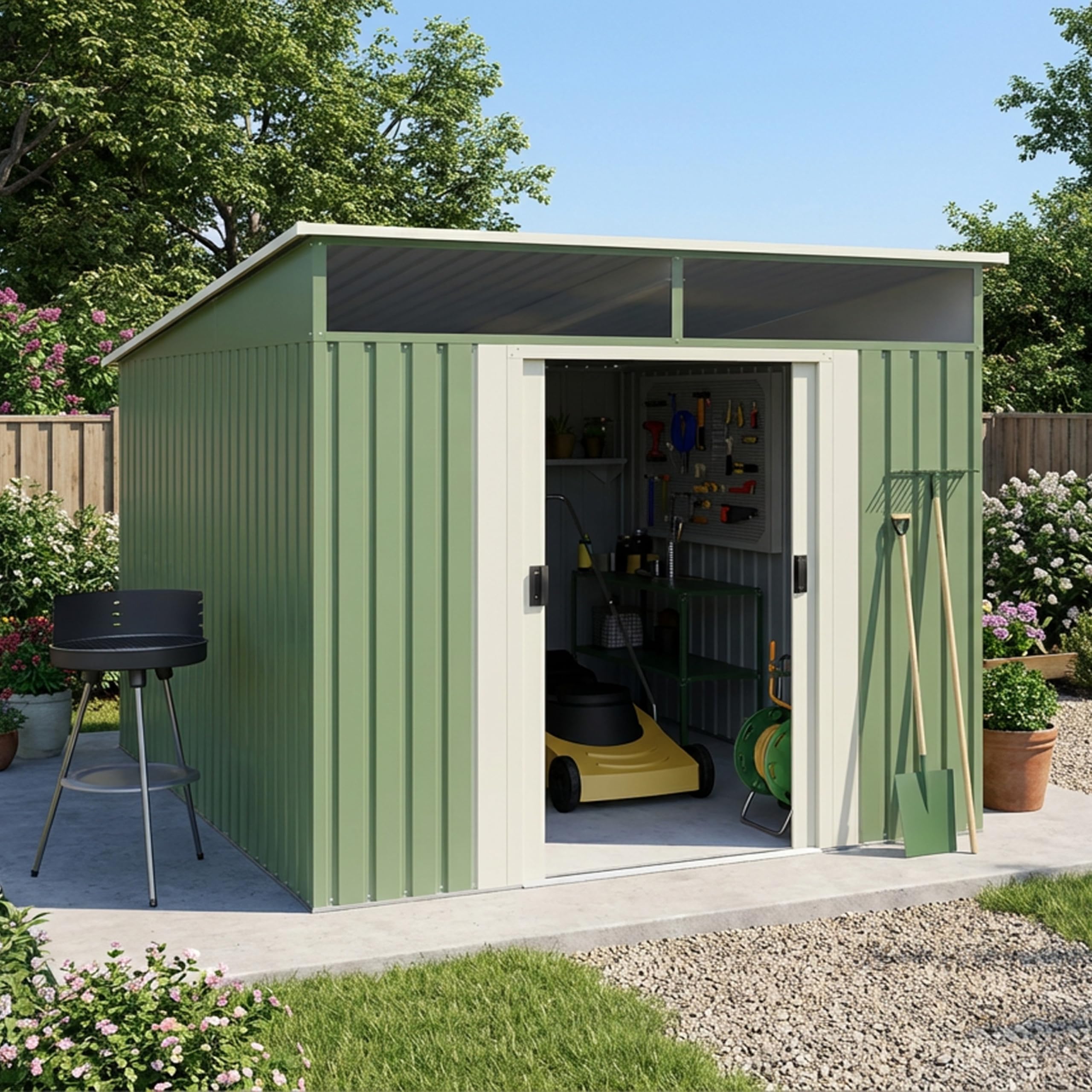 Wasabi Casetta metallica da giardino 4,60 m² Stark, lucernario in policarbonato, verde e beige, doppia porta scorrevole, tetto inclinato, capanno in metallo, stoccaggio esterno