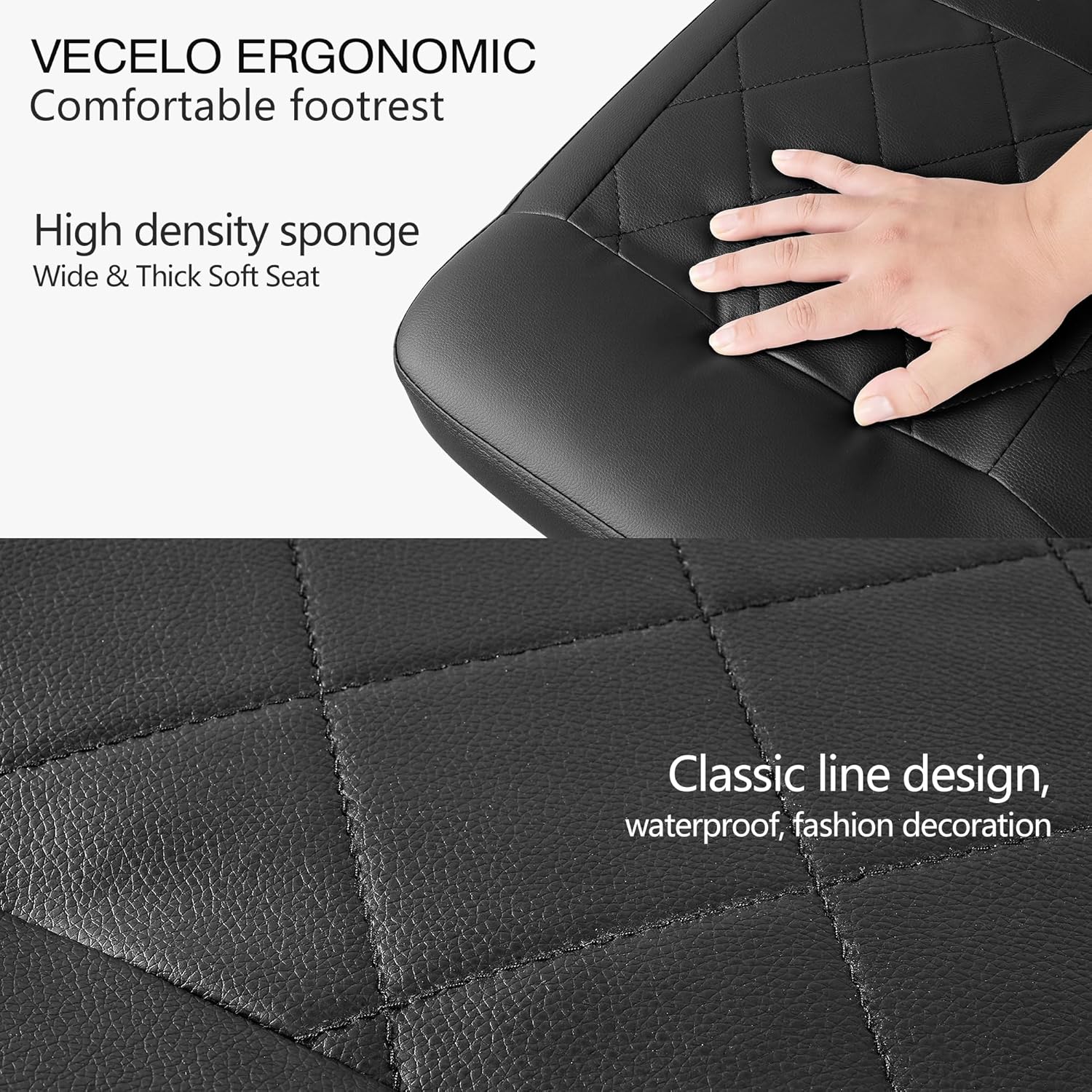 VECELO Under Desk Footrest, PU Ergonomic Foot Rest with Wheels, Comfort Padding, Height Adjustable for Relieving Leg Pain, Stiffness, Black