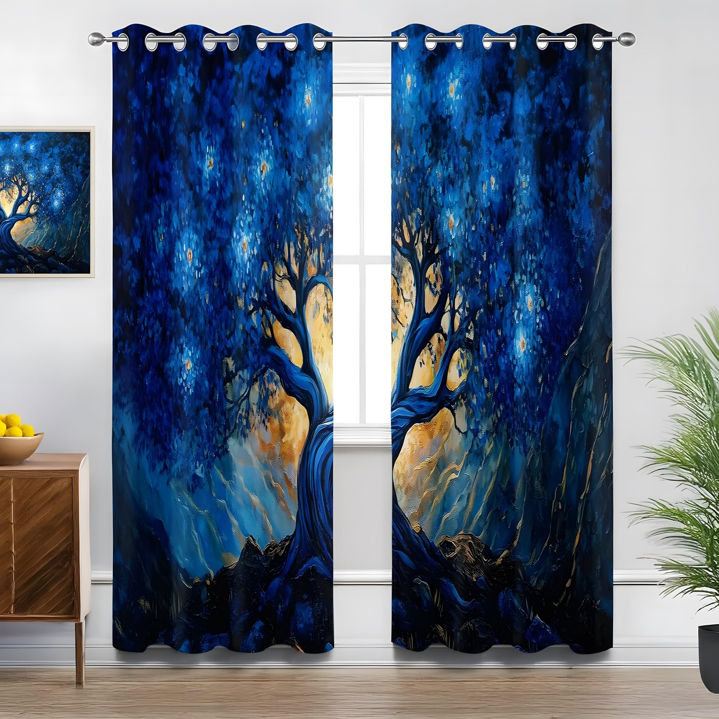 Rideaux occultants arbres bleus jaunes L140xH200cm rideau thermique