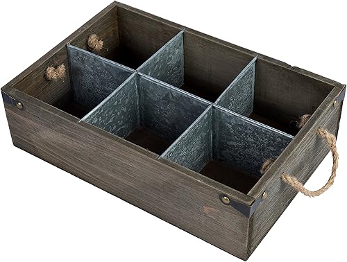 MyGift Organizador multiusos de madera maciza rústica y galvanizado con 6 ranuras divididas de metal y asas de cuerda, caja de regalo de