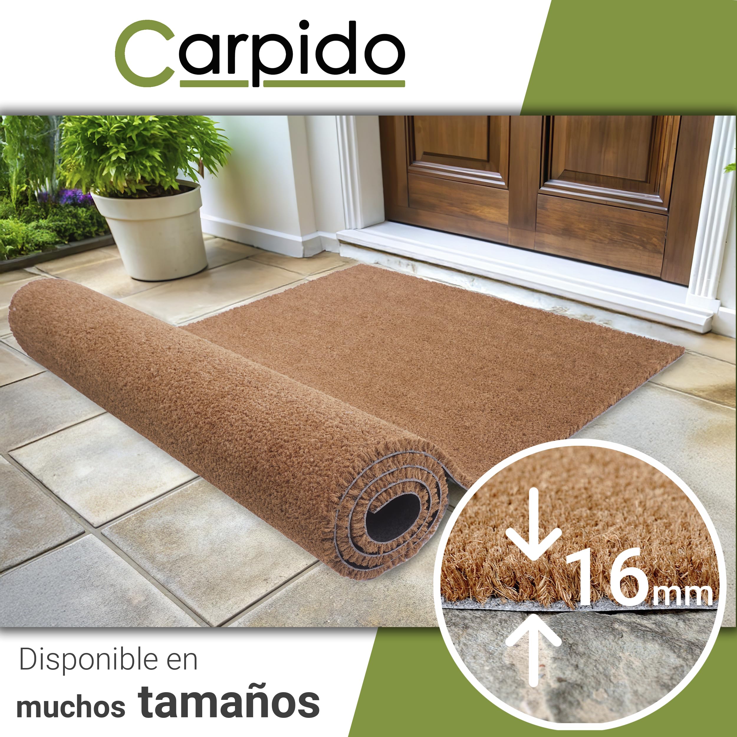 Carpido Felpudo Coco 100x100 cm Muy Resistente - 16mm Coco Estera Natural Antibacteriano - Felpudo rascador Estera Antipolvo Respetuoso con el Medio Ambiente